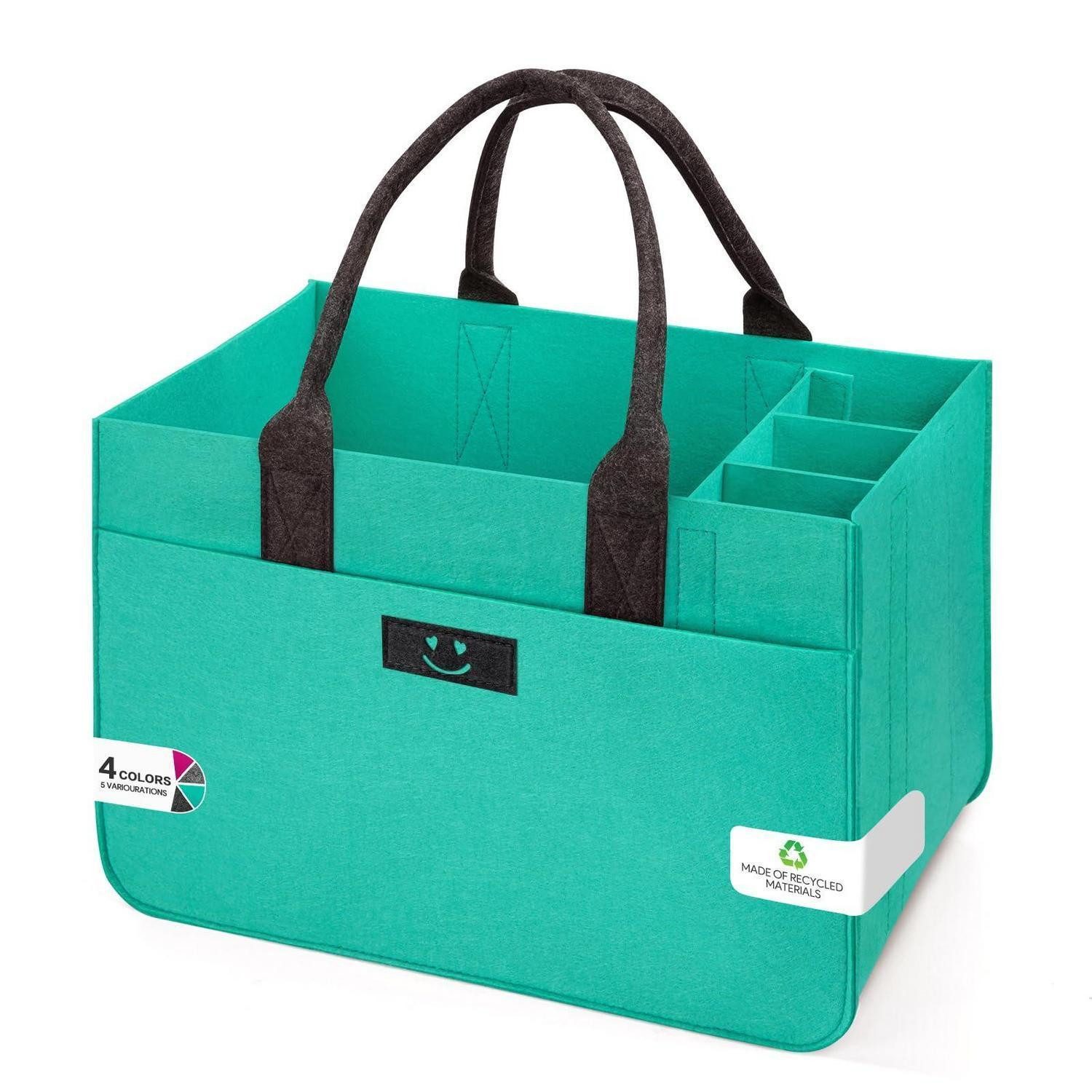 LuxusKollektion Kaminholzkorb Filz Einkaufskorb 30L Türkis/Dunkelgrau Smiley