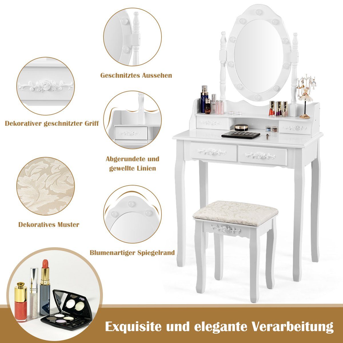COSTWAY Schminktisch mit drehbarem Spiegel, Beleuchtung (mit Hocker), 4 Schubladen