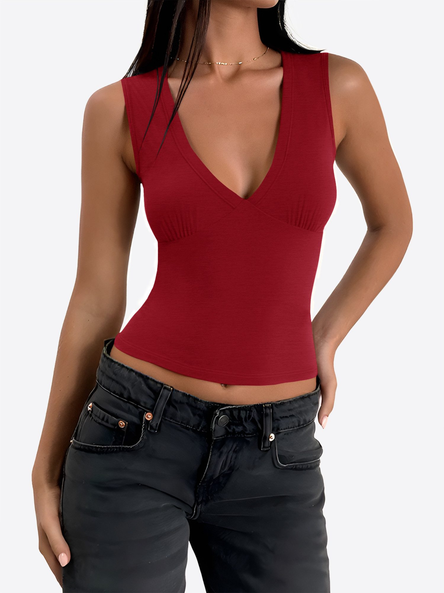 Imily Bela Tanktop Damen ärmelloses Top mit tiefem V-Ausschnitt Figurbetonend Basic (Packung, 1-tlg., 1per-Pack) in Unifarbe – Bild 4 von 5