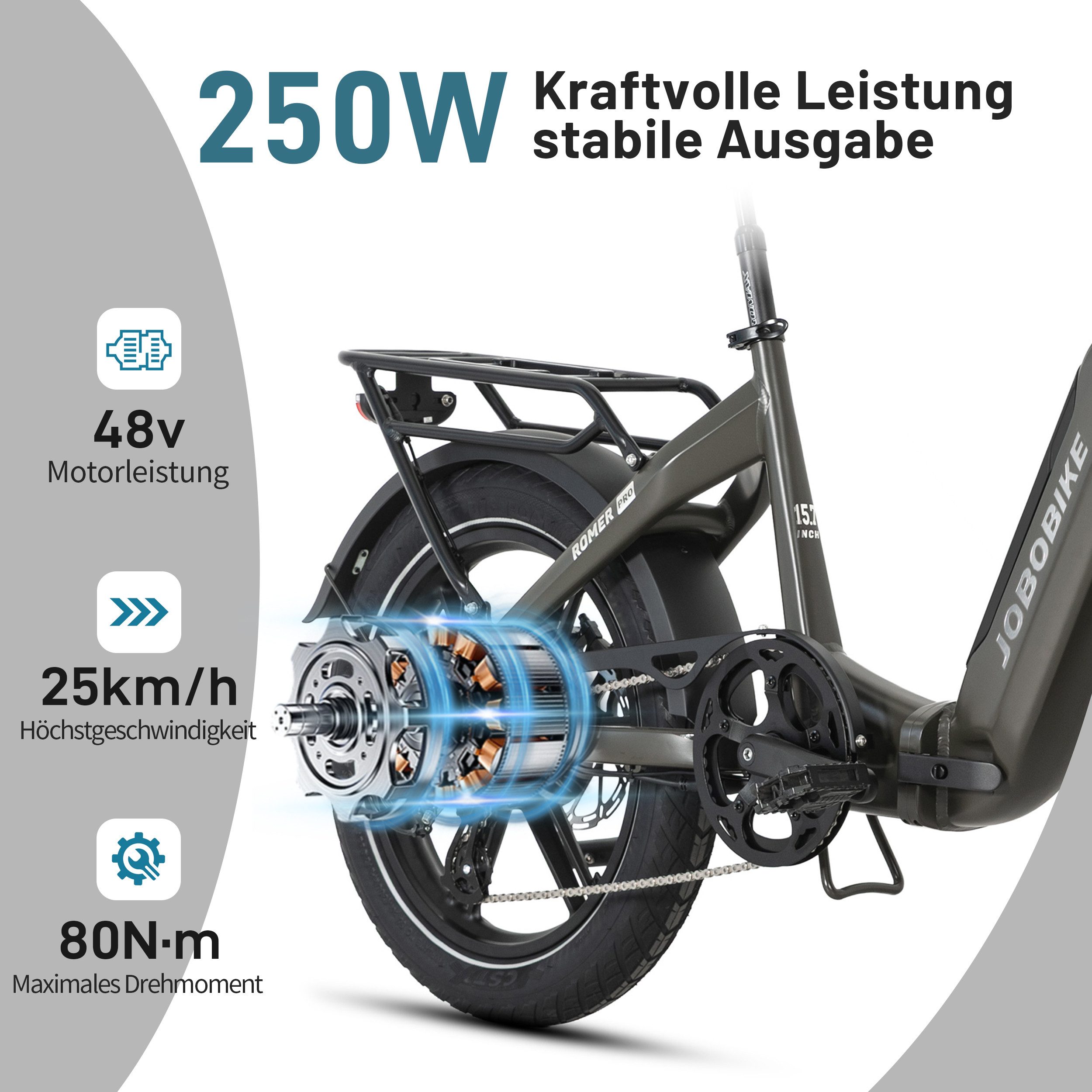 JOBOBIKE E-Bike Klapprad Damen&Herren 20x3" Pedelec Romer P 720Wh, 150km, hydr. Bremsen, 7 Gang Shimano, (mit abnehmbarem Akku, 5 Stufen, Aluminiumrahmen), faltbar, max. 80 N.m, Drehmomentsensor, gefederte Sattelstütze