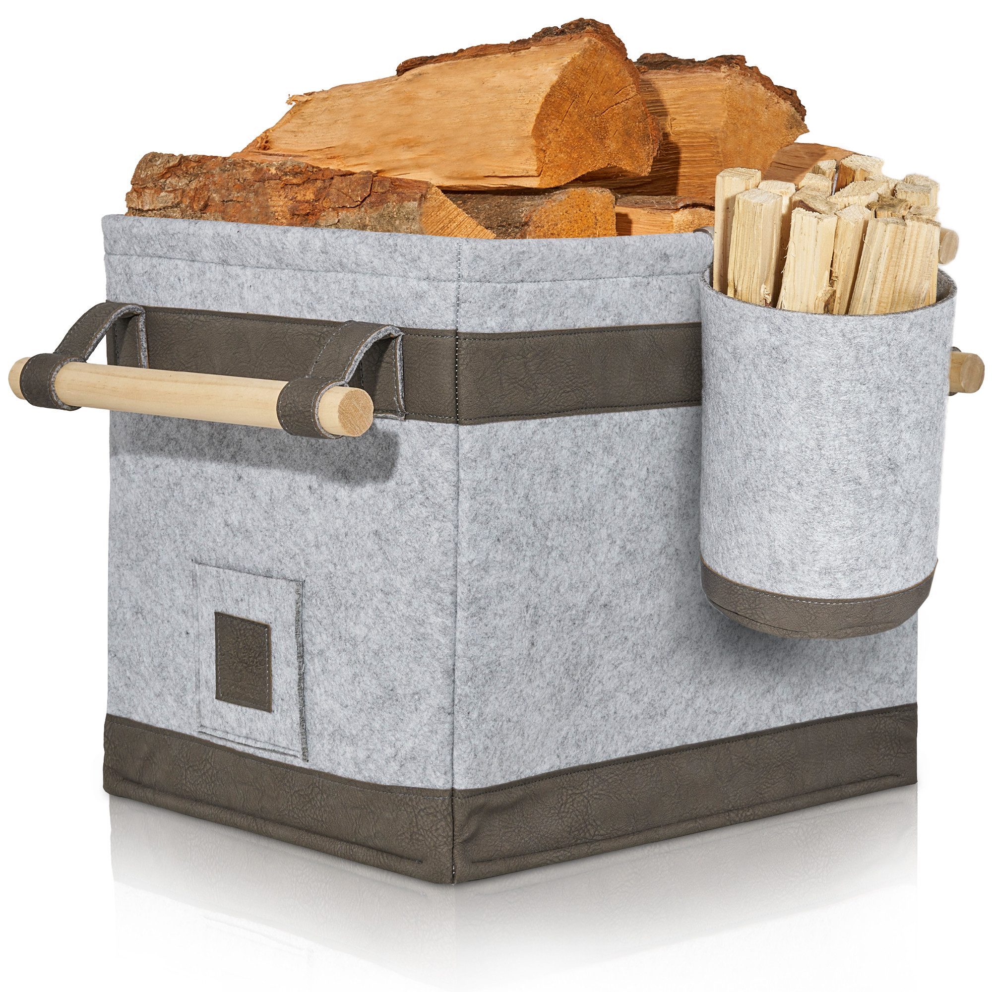 OAKAGE Kaminholzkorb Holzkorb für Kaminholz Groß mit Lederboden Feuerholzkorb Kaminkorb (Set, 1 x Holzkorb + 1 x Zündholzkorb), Schmutzabweisendes Innenfutter und Lederboden