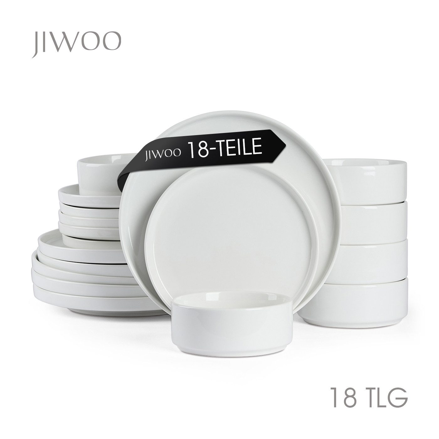 JIWOO Geschirr-Set 18er Tafelservice TellerSet Kombiservice Schüssel Speiseteller Set (18-tlg), 6 Personen, Keramik, Hochwertiges Keramik Geschirr Set Weiß Mikrowellen spülmaschinenfest