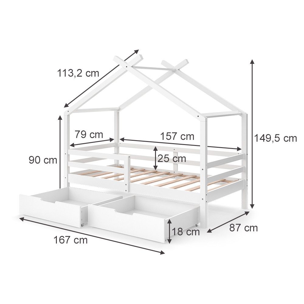 VitaliSpa® Hausbett Luni, Weiß, 160 x 80 cm mit Aufbewahrungskästen (2-tlg)