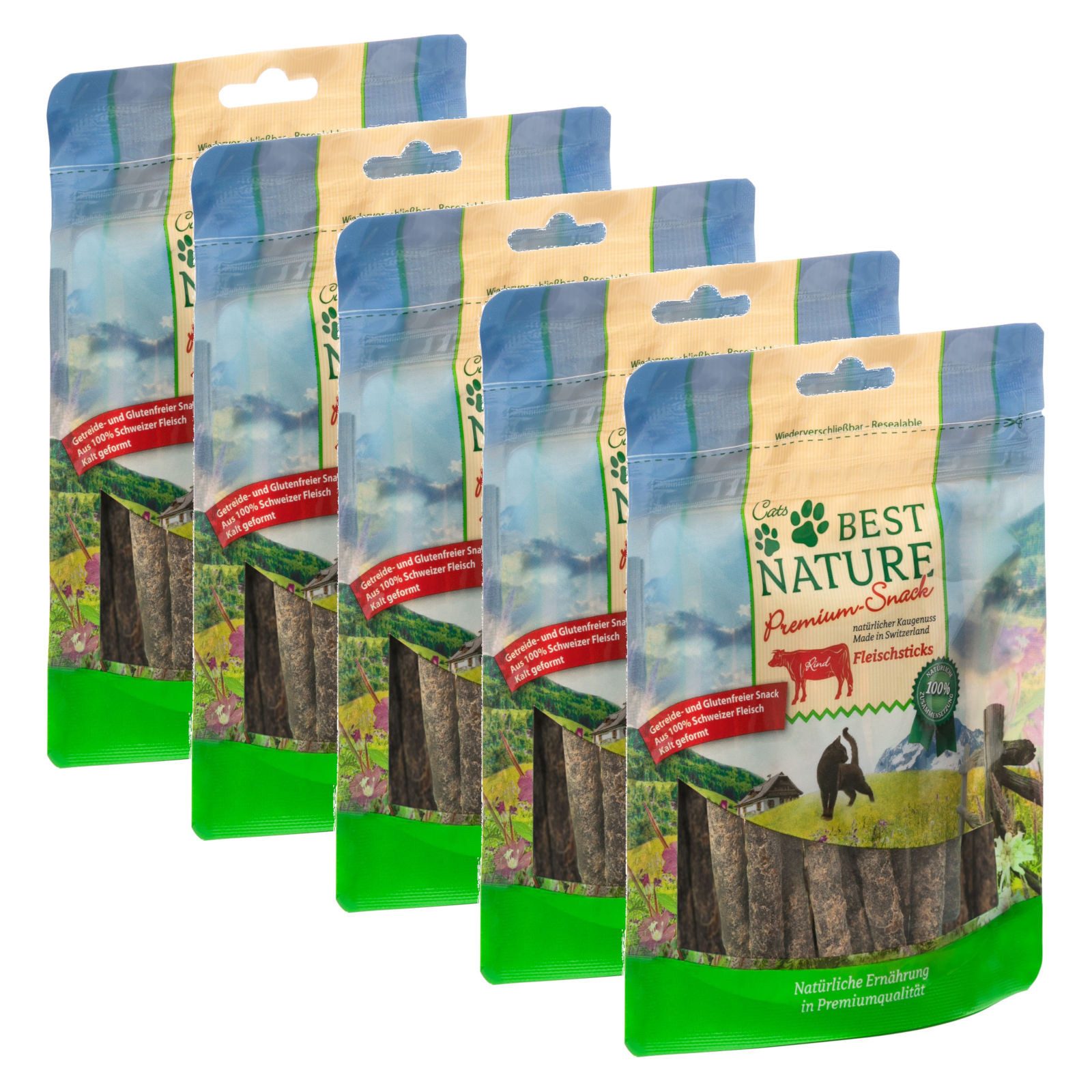 Best Nature Premium Snack für Katzen, 5x 50 g, Fleischsticks vom Rind, 250g