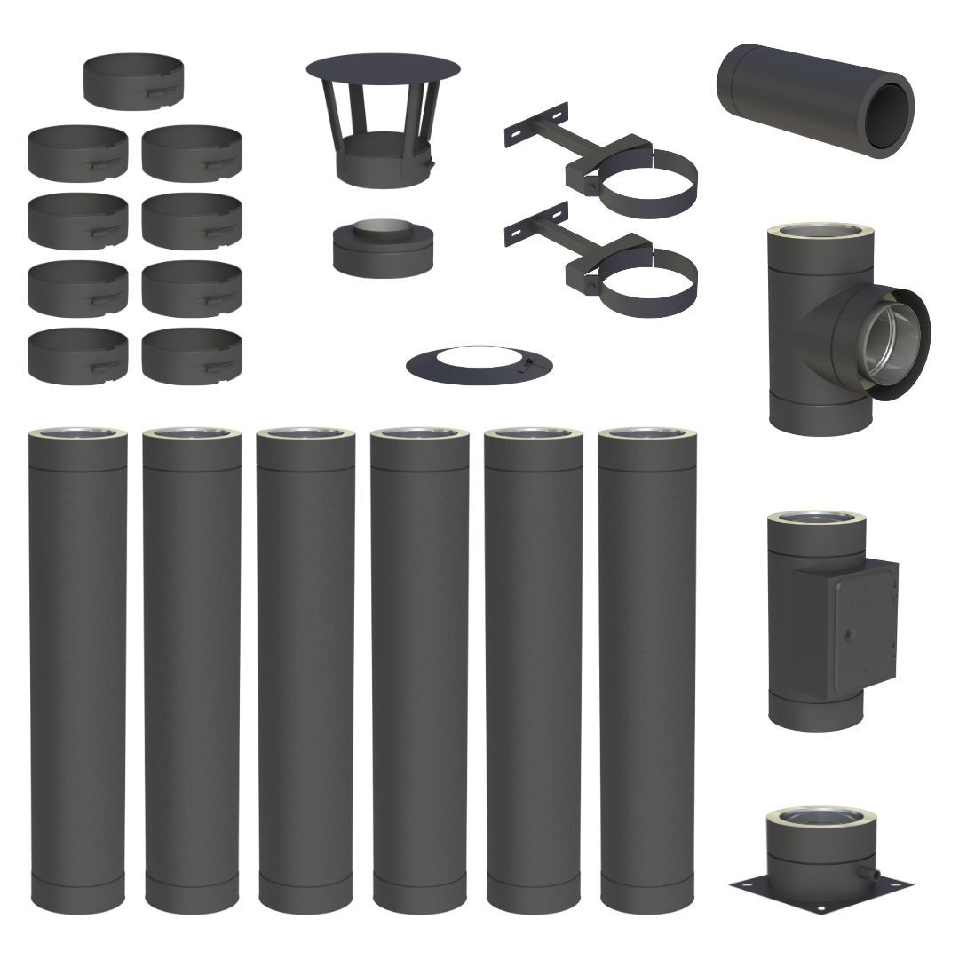 Jeremias Schornstein 6, 7 m Schornstein Ø150mm Komplettset DW DW-Black Bodenmontage, Ø 150 mm
