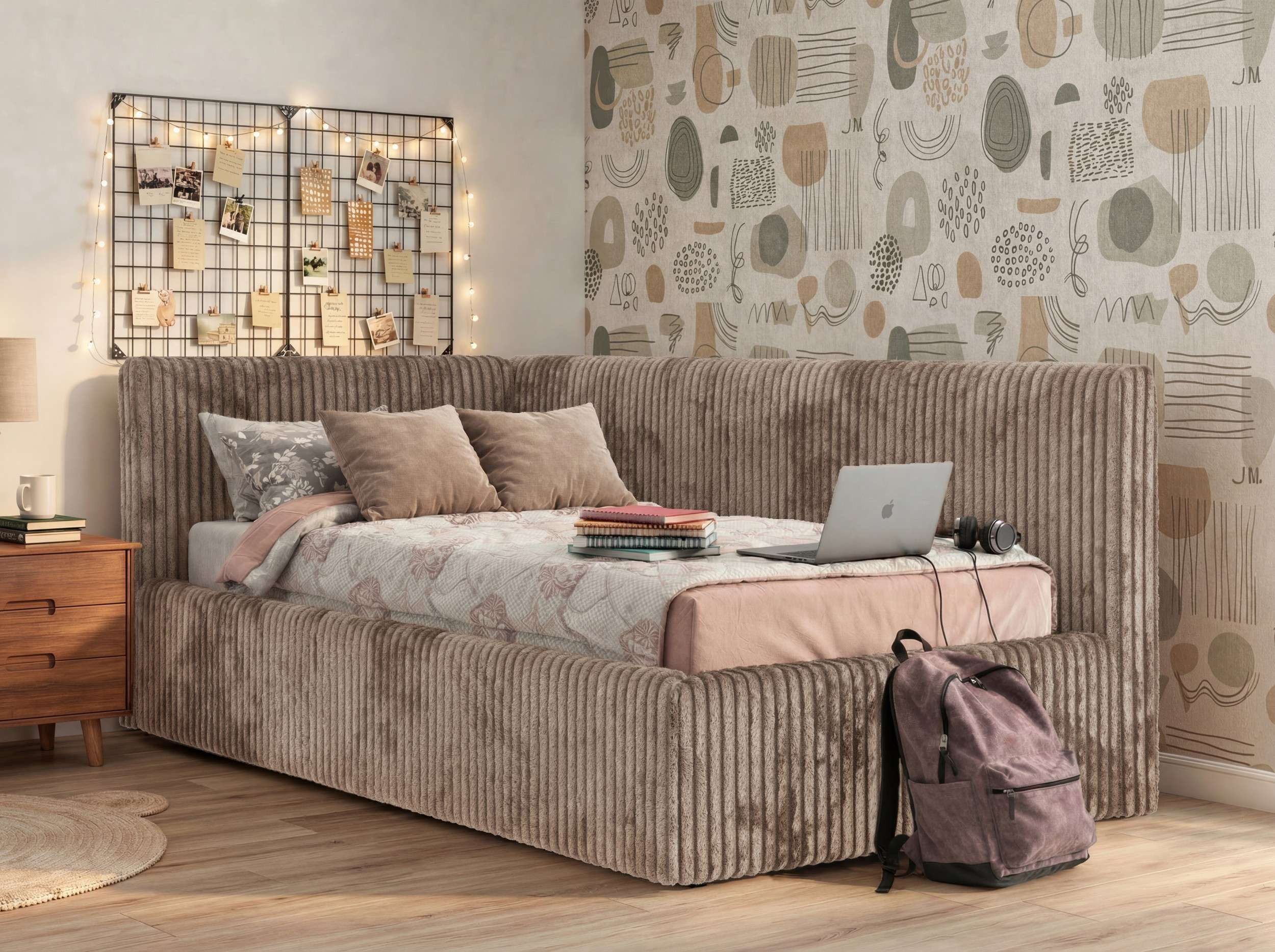 MKS MÖBEL Jugendbett TILVO (Set, Cordstoff Bett, inkl. Lattenrost, Bettkasten, gepolsteres Kopfteil), Eckbett mit Stauraum & Gasdruckfedern