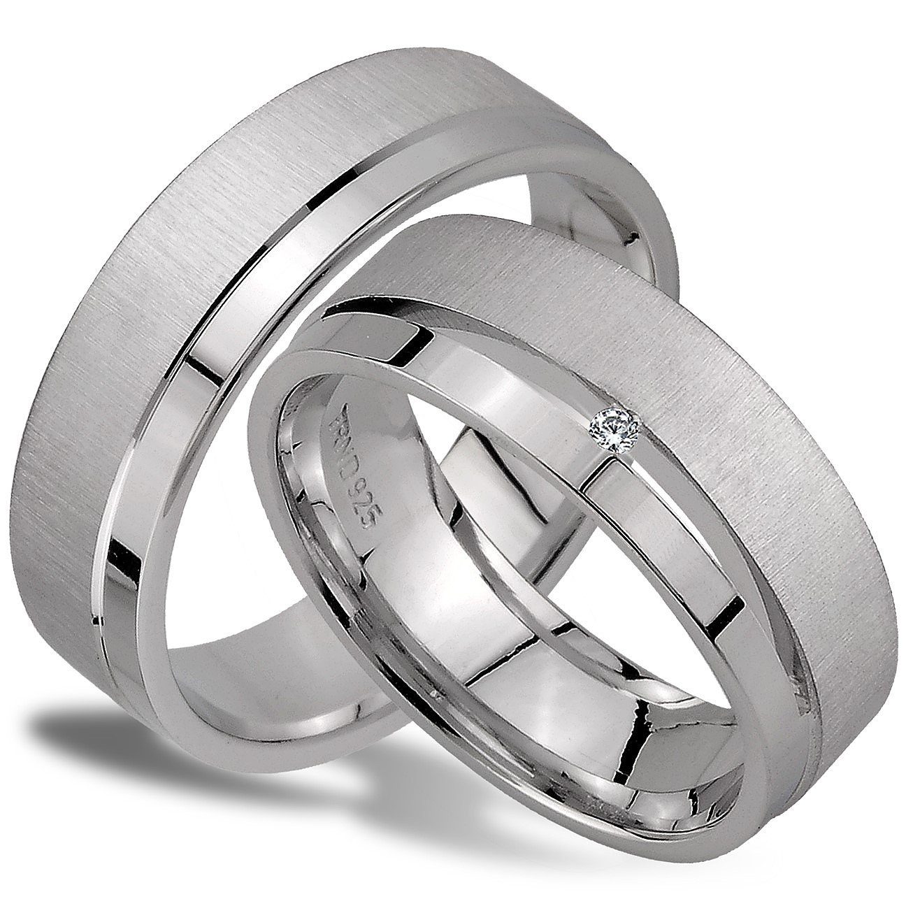 2 Trauringe/ Hochzeitsringe/ Verlobungsringe/ Eheringe mit Stein aus 925 Silber 