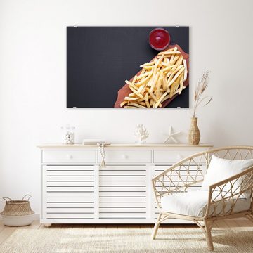 Primedeco Glasbild Wandbild Pommes und Ketchup mit Aufhängung, Speisen