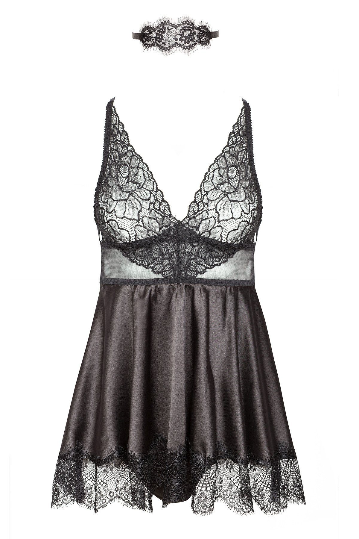 Beauty Night Fashion Negligé Mini-Babydoll Eve schwarz aus Satin Neglige mit String (3-tlg)