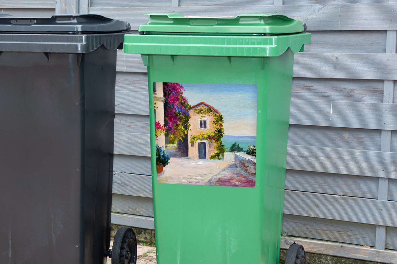 St), - (1 - Dorf - Mülleimer-aufkleber, Haus Wandsticker MuchoWow Container, Sticker, Mülltonne, Abfalbehälter Ölfarbe Malerei