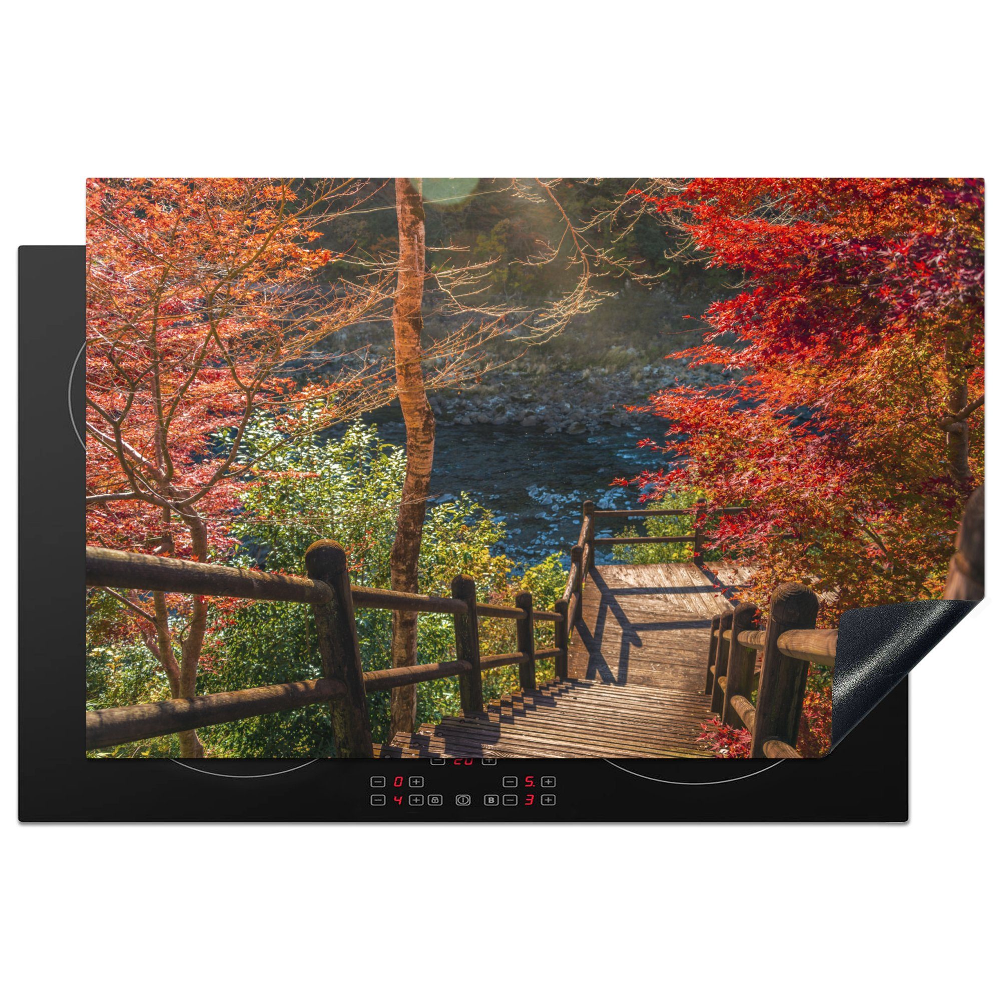 durch Bäume in die rote Schutz Insel für führen 81x52 Induktionskochfeld MuchoWow der Holztreppen Shikoku Japan, Herdblende-/Abdeckplatte Vinyl, (1 auf küche, Ceranfeldabdeckung cm, tlg),