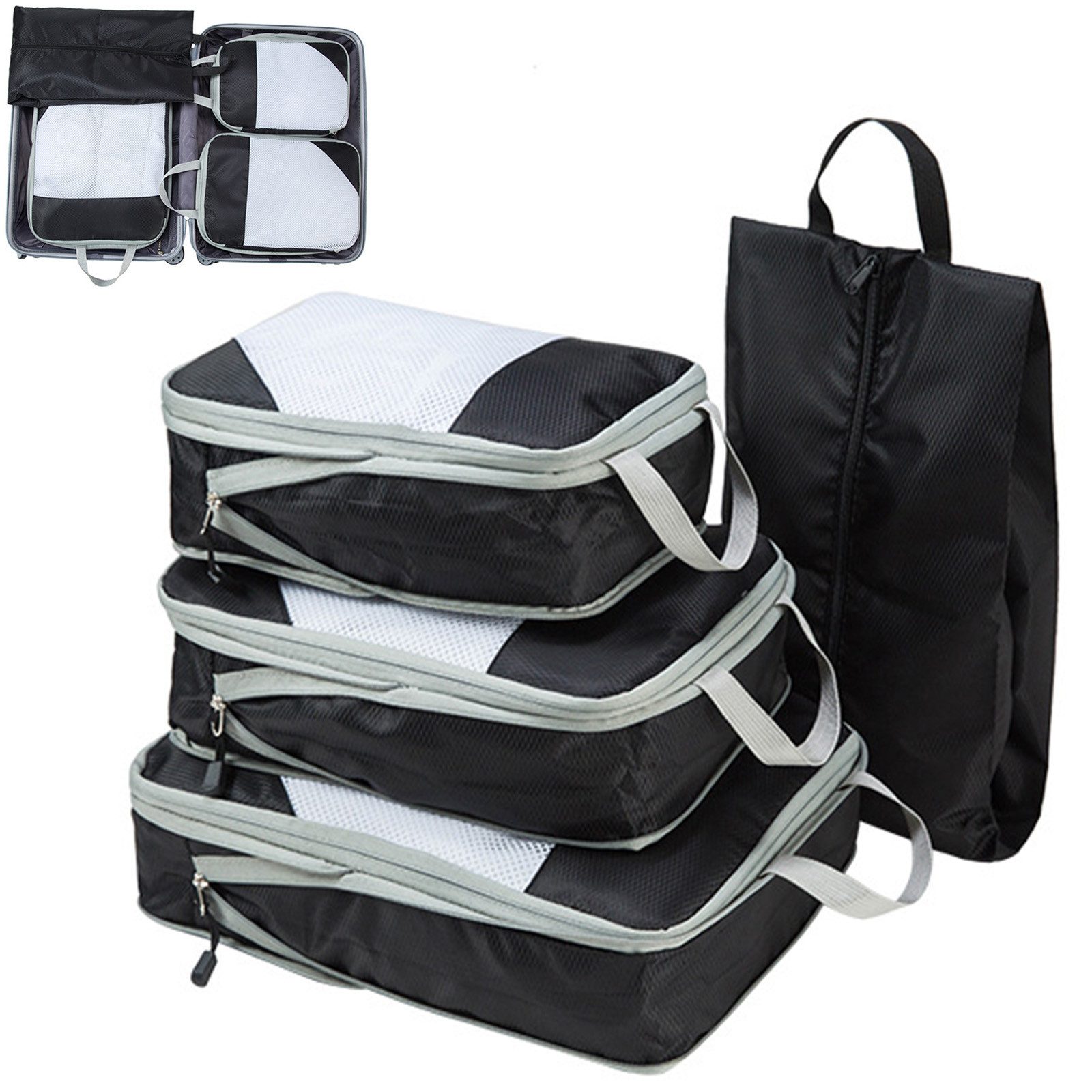 MODFU Kofferorganizer 4er Kleidersack Set Reise Kleiderbeutel Staufsack (Set 4 Stück Klein Mittel Groß mit Schuhbeutel, 4-tlg., Kompressions Verpackungswürfel, Kleidertaschen), Aufbewahrungsbeutel für Reisen