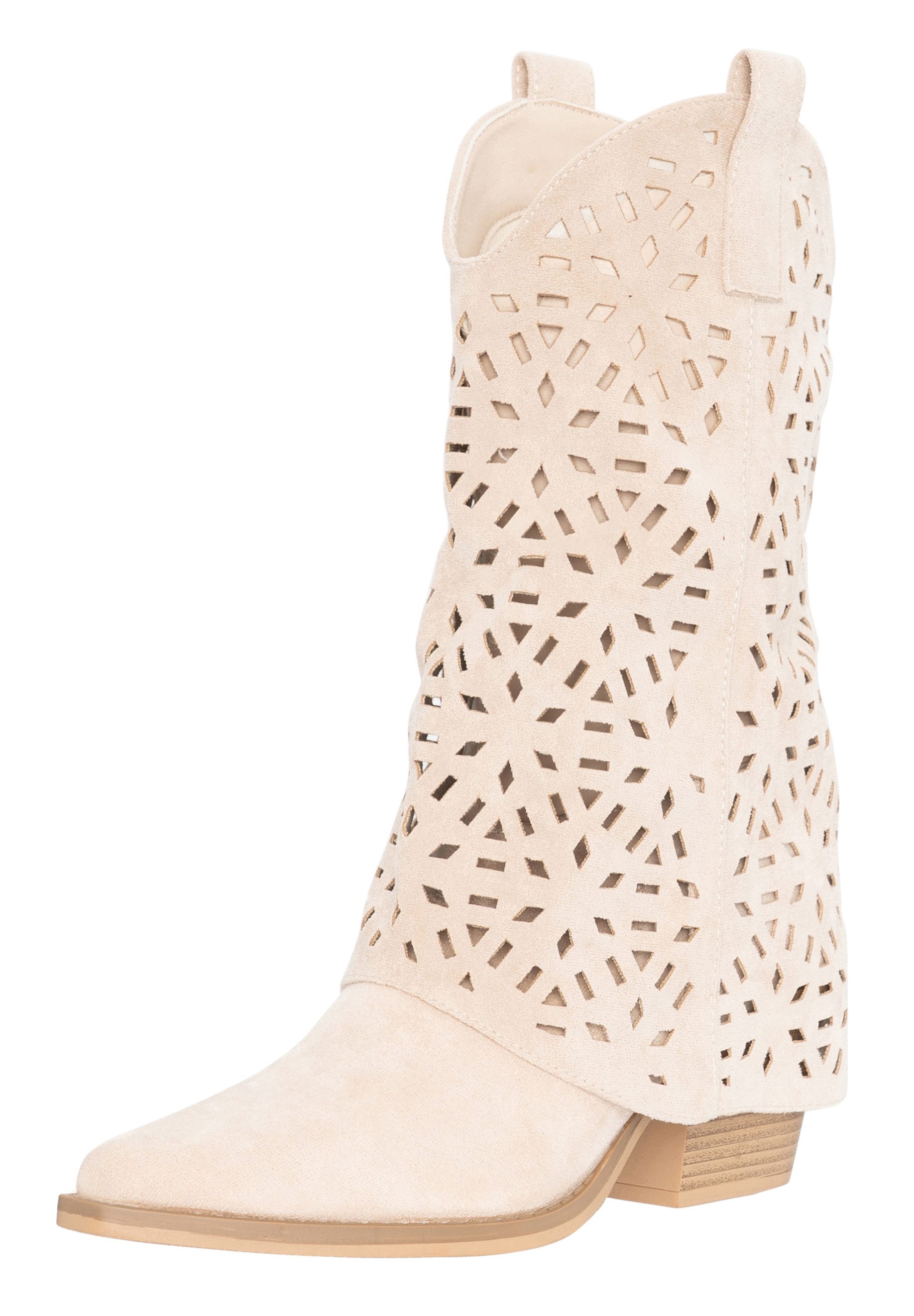 Salinyang Damen Cowboy Boots in Wildlederoptik mit Cut-Out Muster & Blockabsatz Cowboystiefel
