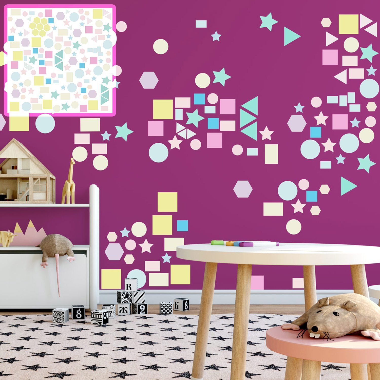 Sunnywall Wandtattoo XXL Wandtattoo Geometrische Formen Set verschiedene Motive, Kinderzimmer Aufkleber bunt Wanddeko pastell