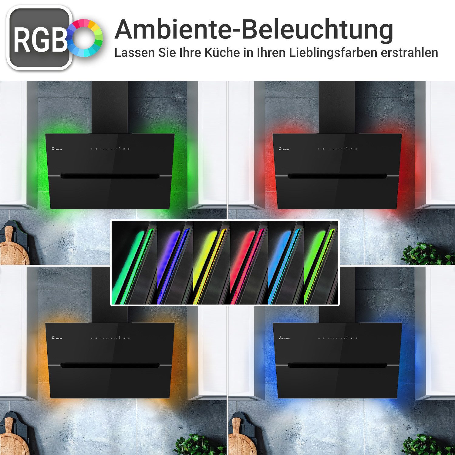 KKT KOLBE Wandhaube Dunstabzugshaube 90cm ECCO9005SM RGBW Ambientebeleuchtung Dunstabzugshaube 90cm ECCO9005SM RGBW Ambientebeleuchtung, Kopffrei / 90cm / Smarte WiFi-App / Schwarz / Glas / Schräghaube