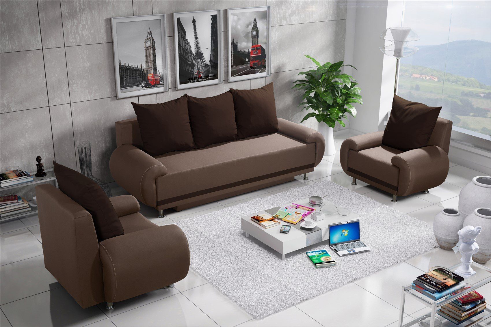 Fun Möbel Polstergarnitur Sofaset Designersofa MIKA 3-1-1 in Stoff, (inkl. 5 Rückenkissen, 3-tlg), Schlaffunktion und Bettkasten beim 3-Sitzer Sand-Braun