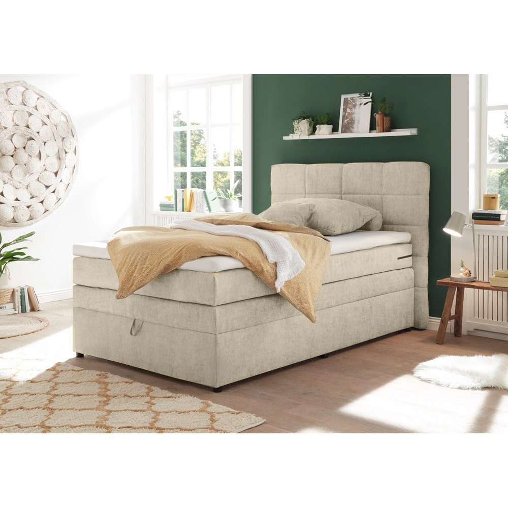 Lomadox Boxspringbett beige Jugendbett, sand in H2, 140x200, mit Härtegrad TEREZIN-09, Bettkasten