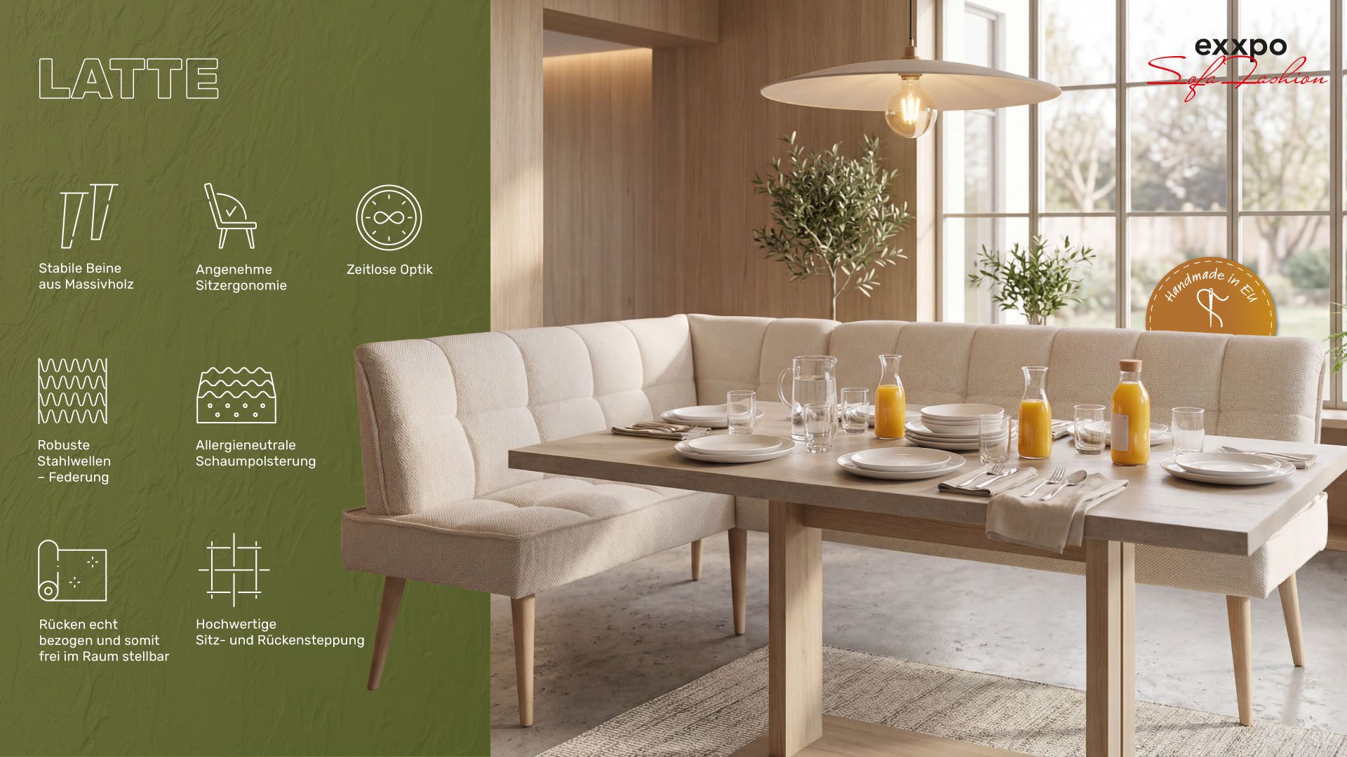exxpo - sofa fashion Eckbank Latte, moderne Sitz- und Rückensteppung, bequem und elegant, hoher Holzfuß