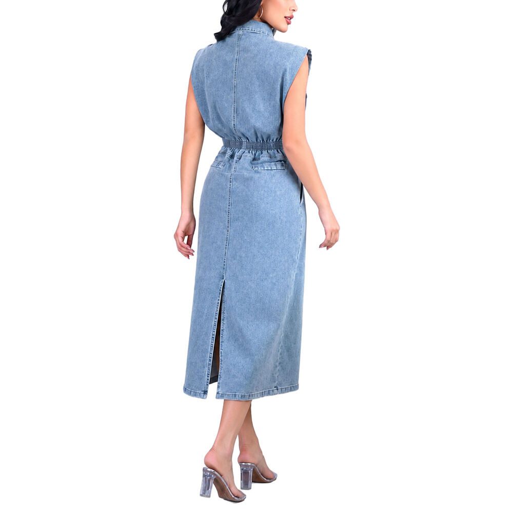 Ital-Design Jeanskleid Damen Jeanskleid Midi mit Gürtel und Knopfleiste (91978490) Used-Look Stretch Jeanskleid in Hellblau