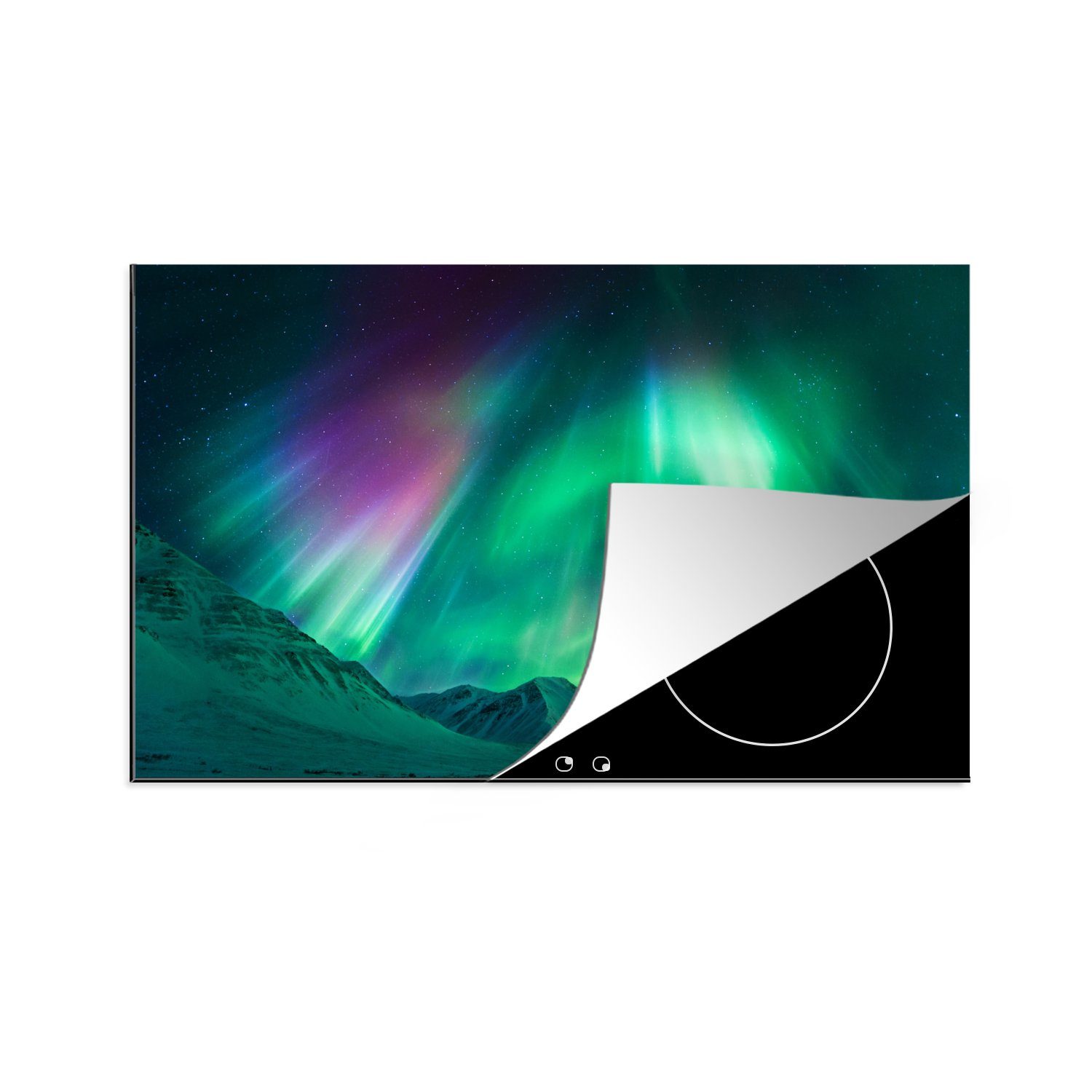 MuchoWow Herdblende-/Abdeckplatte Nordlichter - Alaska - Berge, Vinyl, (1 tlg), 81x52 cm, Induktionskochfeld Schutz für die küche, Ceranfeldabdeckung