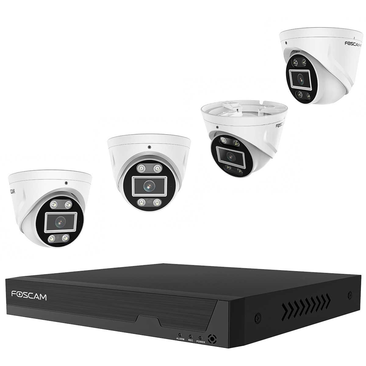 Foscam Überwachungskamera FN9108E-T4-2T 8-Kanal 3K 5 MP PoE Videoüberwachungsset mit 4x Kameras (5-tlg., 1x Foscam FN9108E NVR mit 2 TB HDD, 4x Foscam T5EP Überwachungskamera, PoE (Power-over-Ethernet), Zwei-Wege-Audio und Alarmsirene)