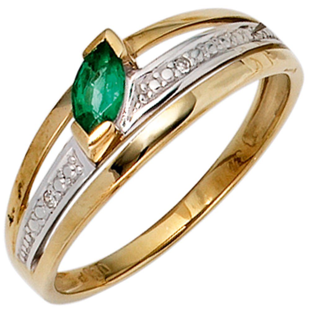 Schmuck Krone grün Diamantring 585 mit 2 Damenring Gold Gelbgold, 585 Diamanten Smaragd & 0.01Ct Ring Brillanten