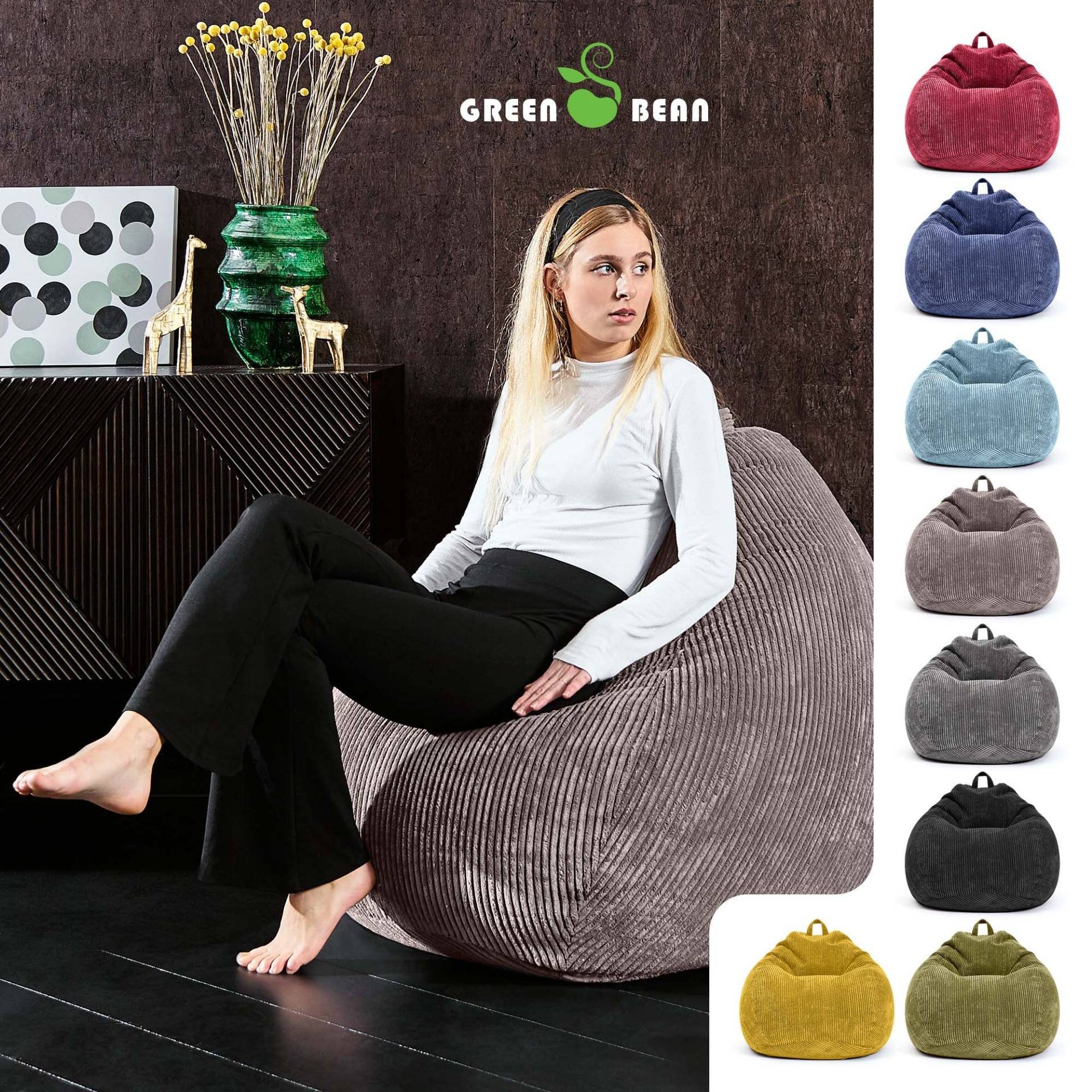 Sitzkissen), Green Kinder Relax-Sessel & (Indoor - Waschbar Füllung Kuschelig Erwachsene Liegekissen Bodenkissen Cord Sitzsack Scoop Cordstoff, EPS-Perlen Bean Weich Drinnen Sitzhocker 90x110cm Stoff Grau Sitzsack