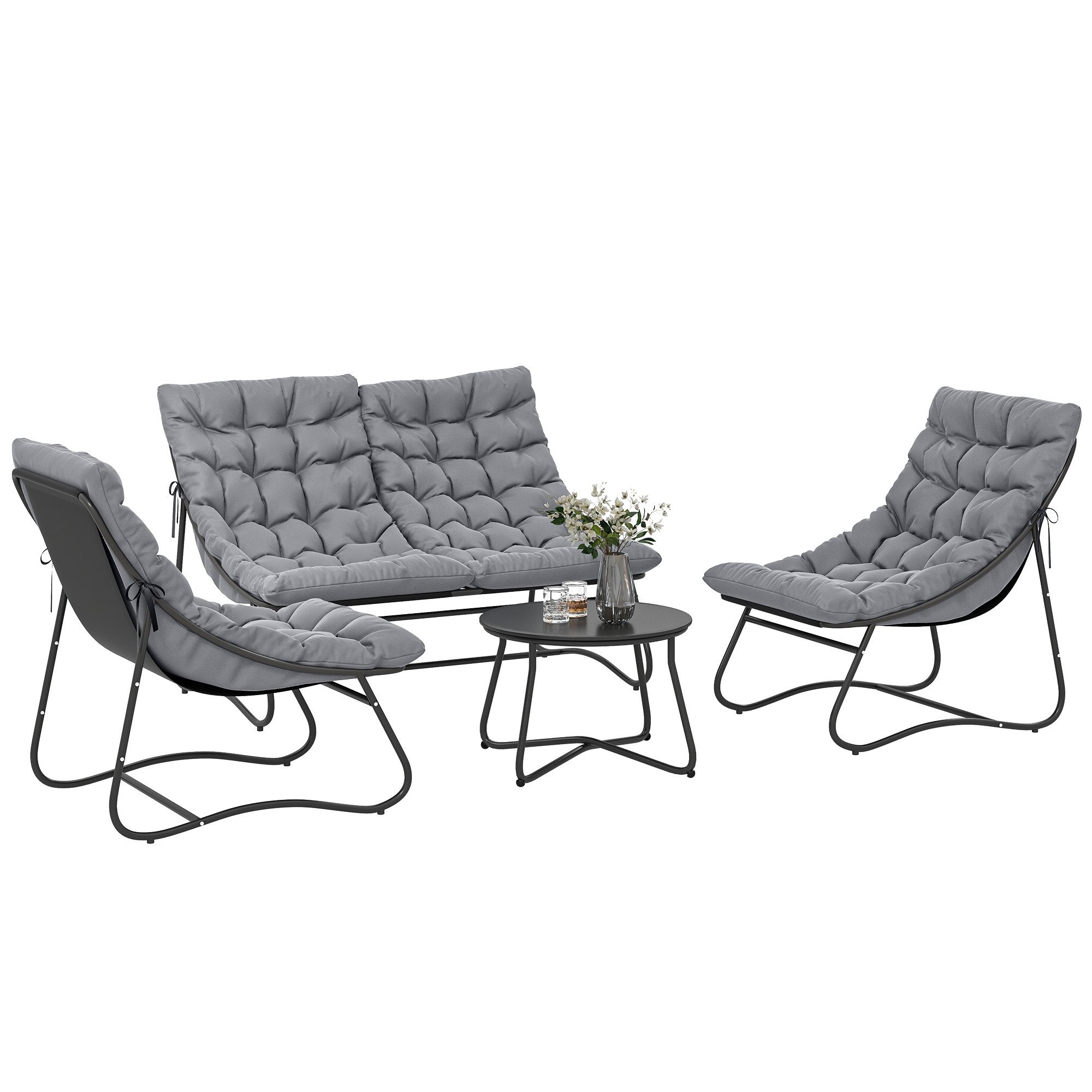 Outsunny Sitzgruppe 4 Personen mit 2er Sofa, Sessel, Beistelltisch, Sitzkissen, (Stahl Gartenmöbel Set 4, 4-tlg., wetterfest Balkonmöbel-Set), für Garten, Terrasse, Balkon, Grau