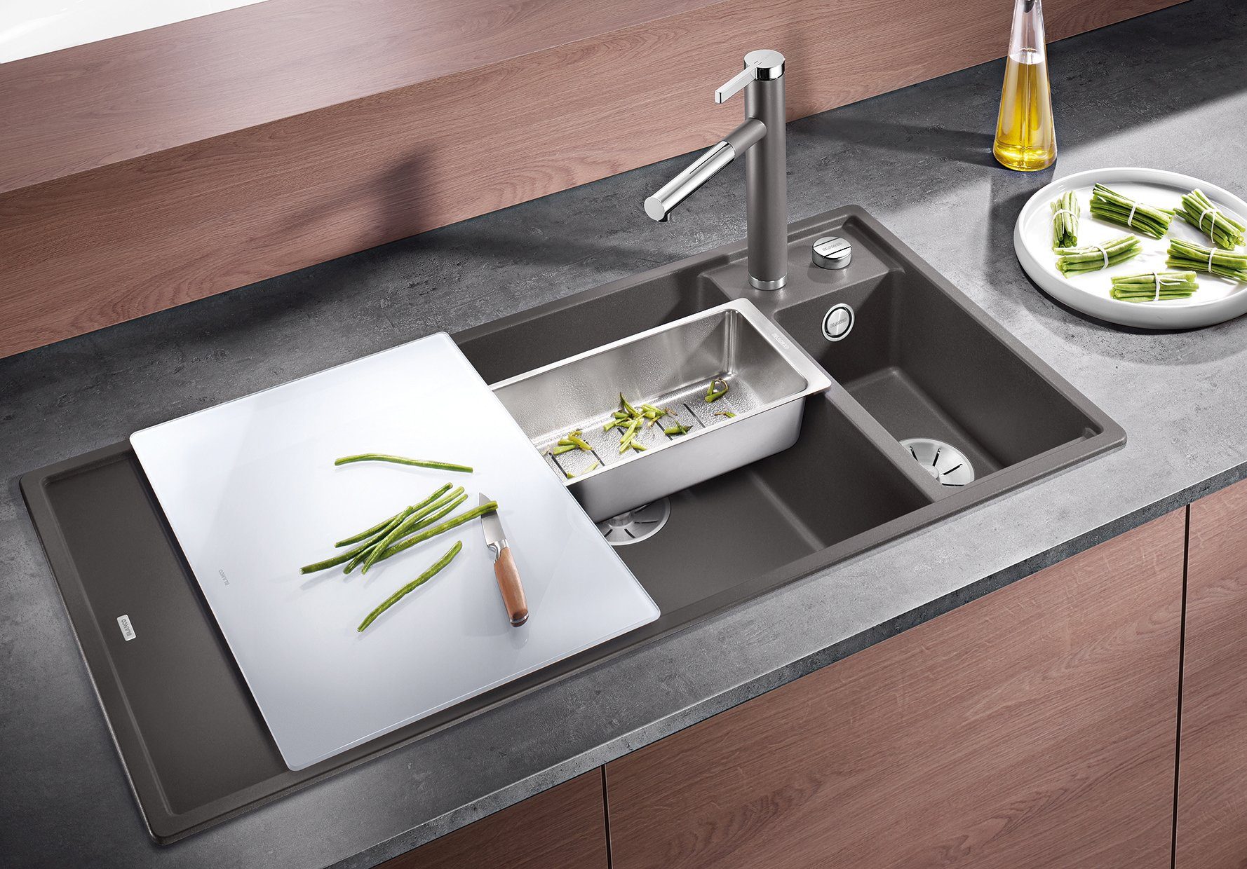 Blanco Granitspüle AXIA III 6 S, rechteckig, aus SILGRANIT®, mit Glasschneidebrett und Edelstahlschale