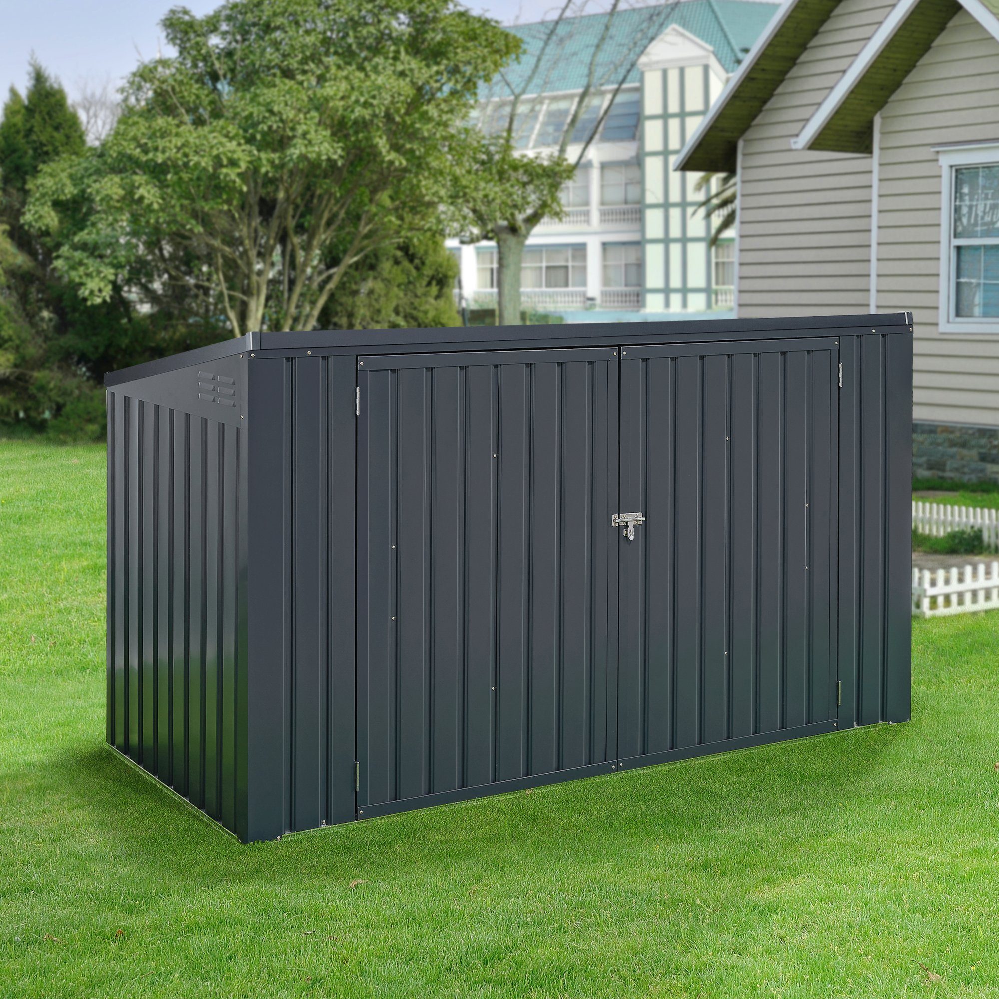 en.casa Mülltonnenbox, »Grebin« Verkleidung für 3 Mülltonnen Stahl Dunkelgrau 237 x 101 cm