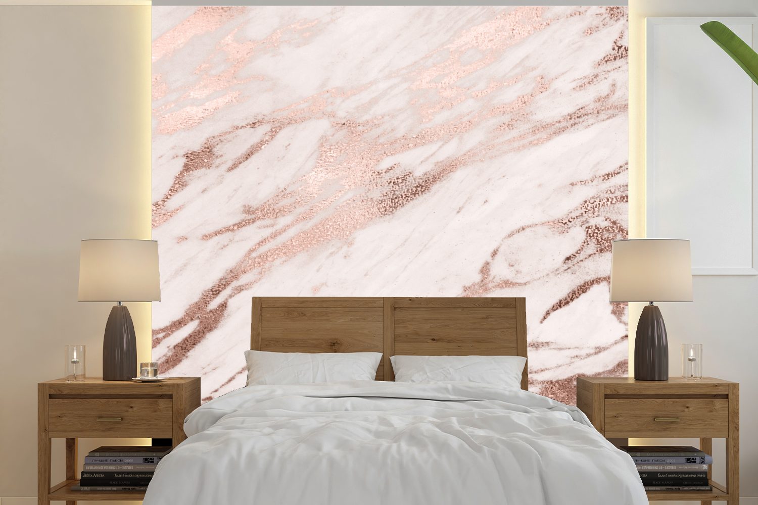 Roségold, Wohnzimmer bedruckt, (5 Wandtapete Vinyl - Rosa Schlafzimmer, oder MuchoWow Marmor - Fototapete für St), Matt, Tapete