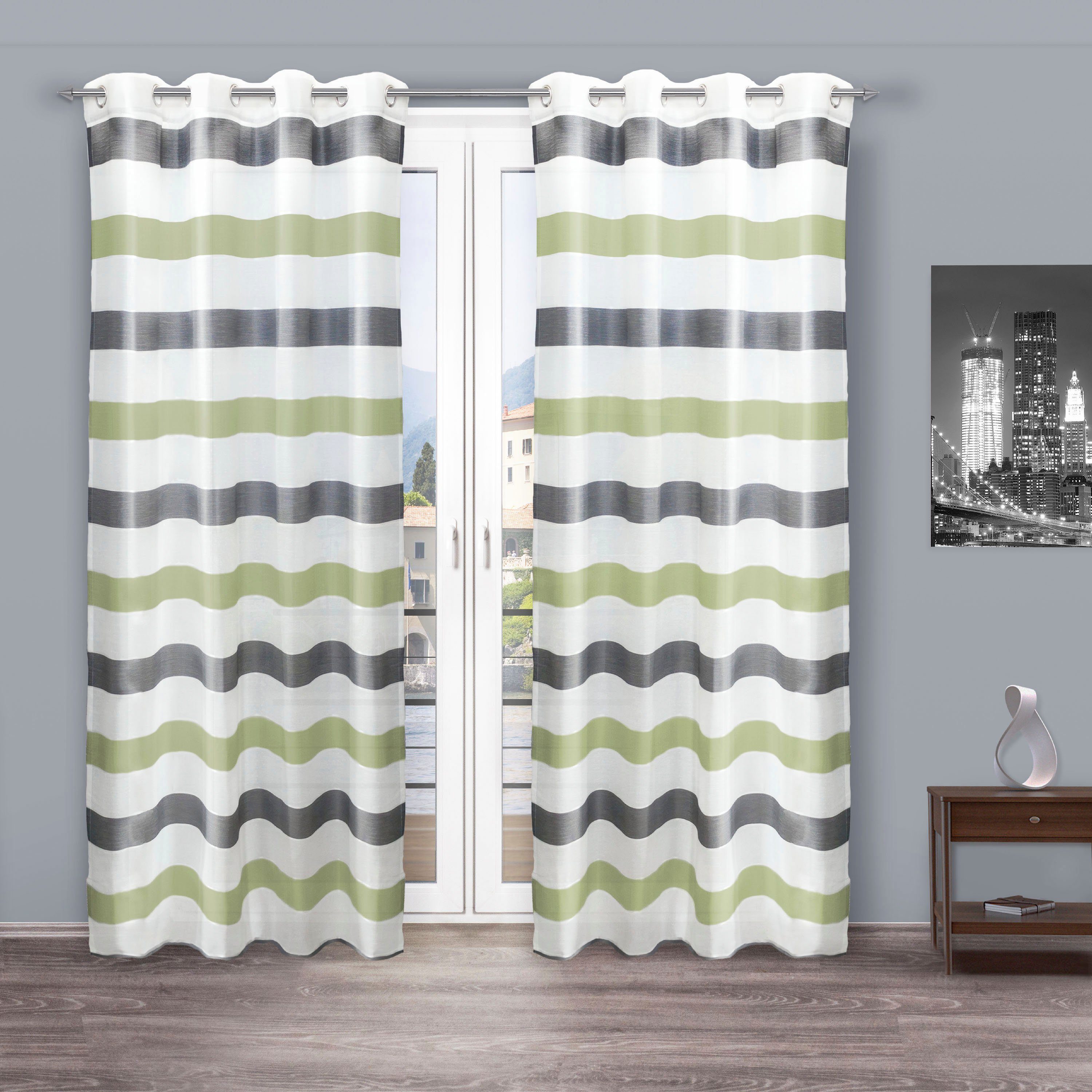 decolife Gardine Liko (1 St), Ösen, halbtransparent, Wirkware, Ösenschal Liko grau-grün gestreift