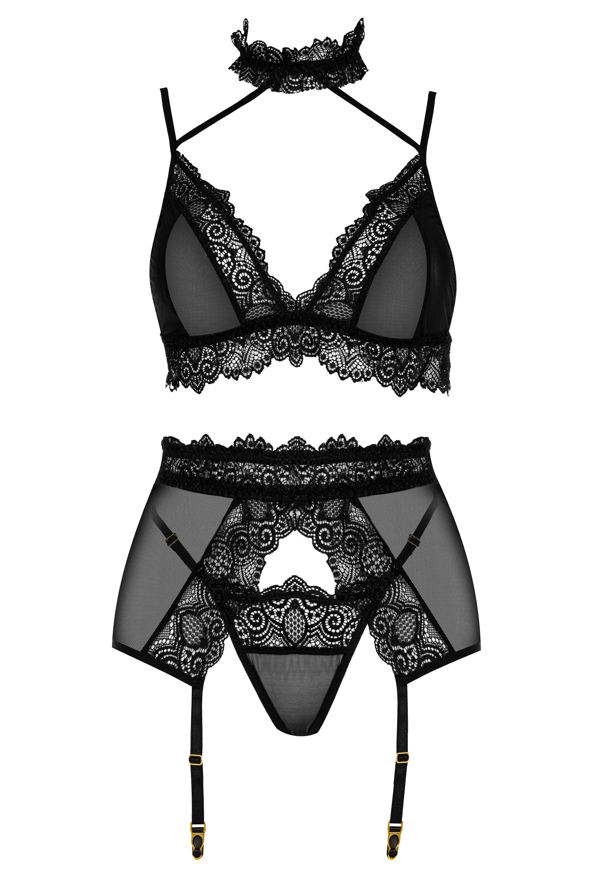Beauty Night Fashion Set: Bügel-BH Strapse-Set Velvet-Sin schwarz BH + Strumpfgürtel (Set)