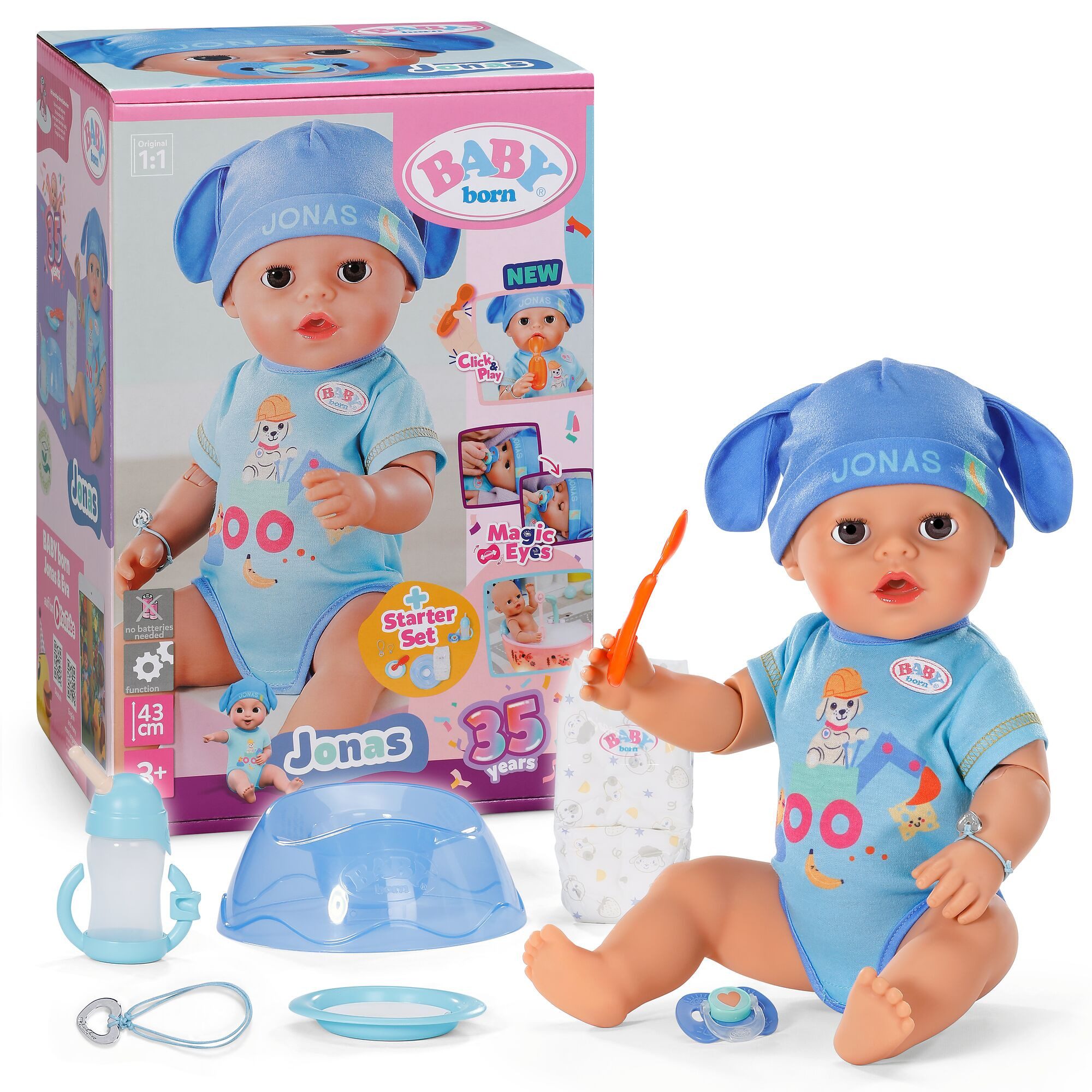 Baby Born Babypuppe Jonas Click & Play 43cm, mit Click-&-Play: Hält Fläschchen und Löffel selbst - ohne Batterien