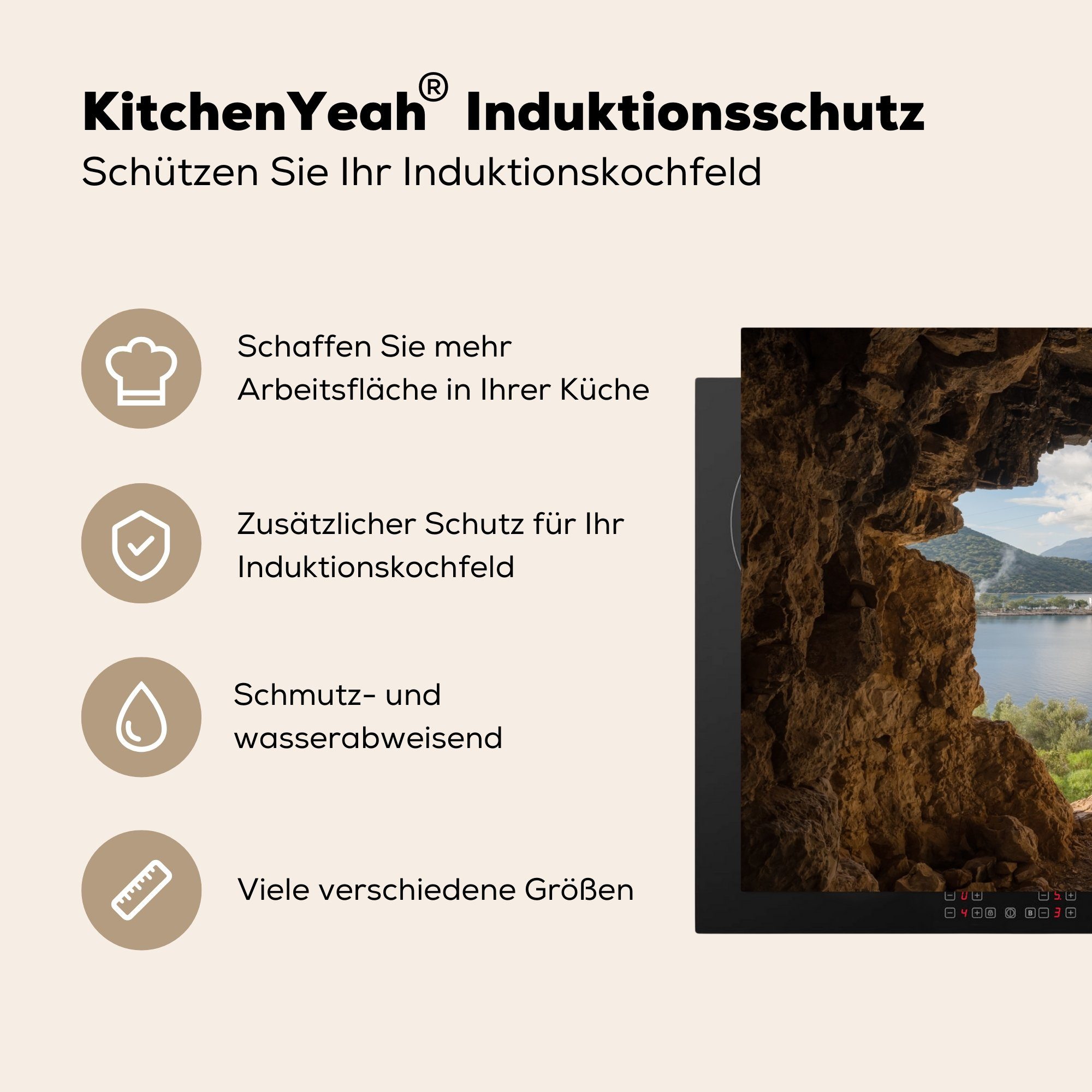 Arbeitsplatte Landschaft, - Natur cm, - Herdblende-/Abdeckplatte Höhle für 81x52 - Vinyl, Wasser tlg), Ceranfeldabdeckung, MuchoWow (1 küche