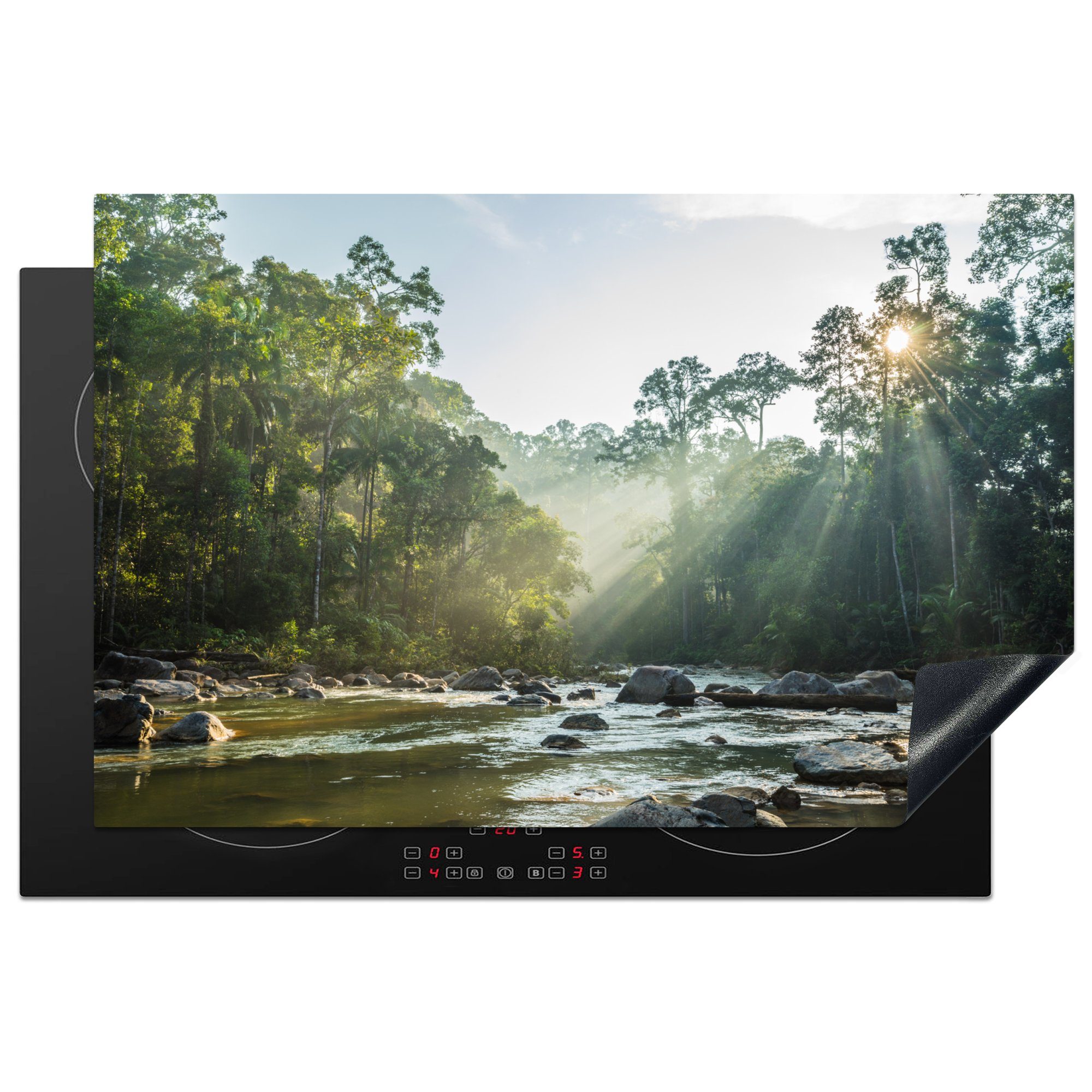 MuchoWow Herdblende-/Abdeckplatte Bild eines Flusses in einer grünen malaysischen Landschaft, Vinyl, (1 tlg), 81x52 cm, Induktionskochfeld Schutz für die küche, Ceranfeldabdeckung