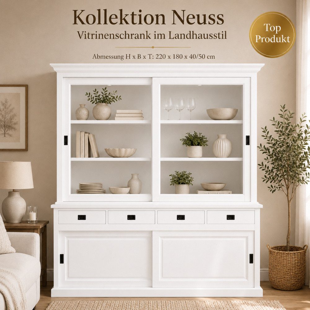 Wohnpalast Vitrine Vitrinen Schrank Neuss 180 cm weiß - Vitrine mit Schiebetüren