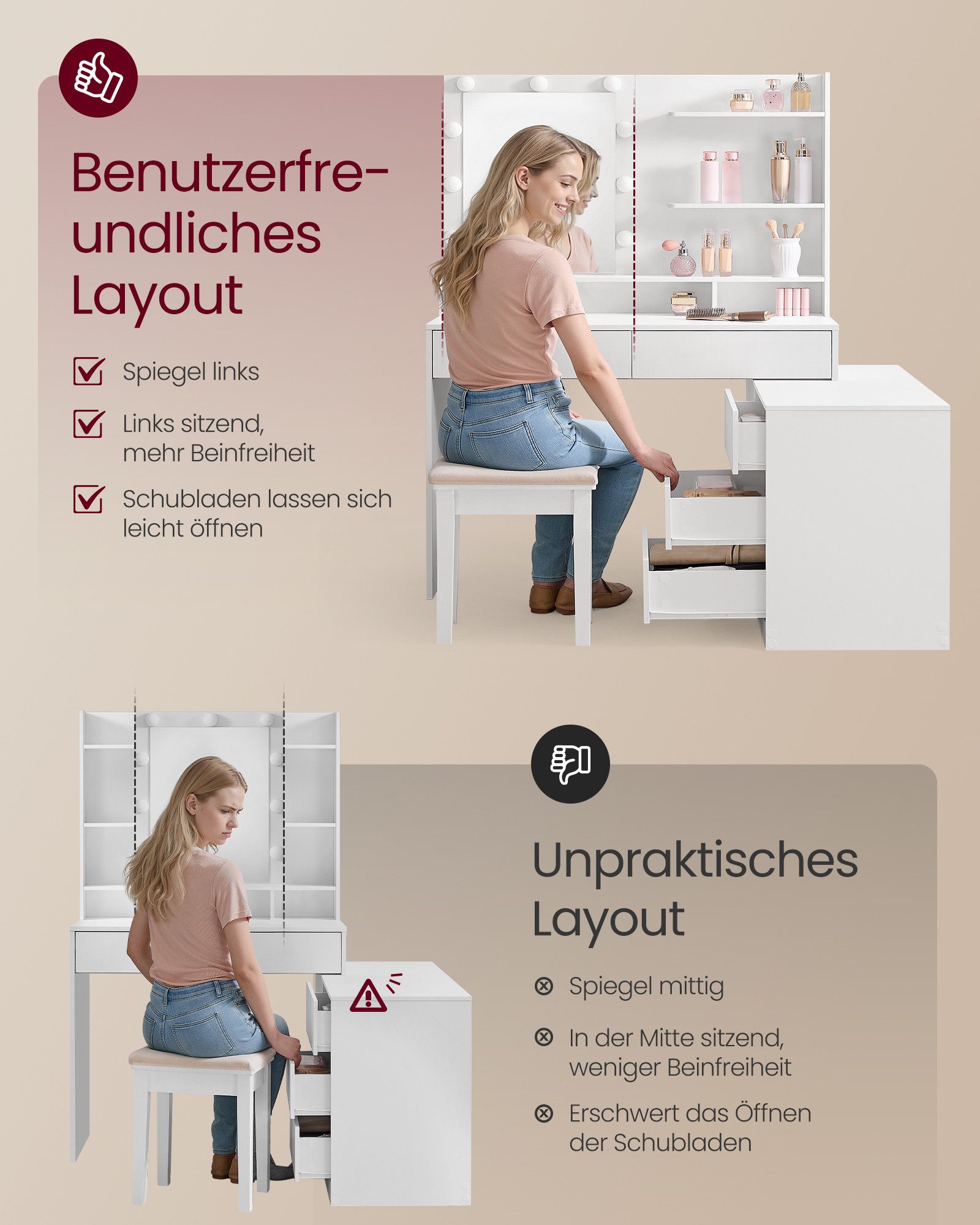 VASAGLE Schminktisch Frisiertisch mit Spiegel und LED-Beleuchtung (1 Tisch mit 1 Hocker), mit drehbare Seitenkommode, gerade oder L-förmig, mit Licht – Bild 3 von 5