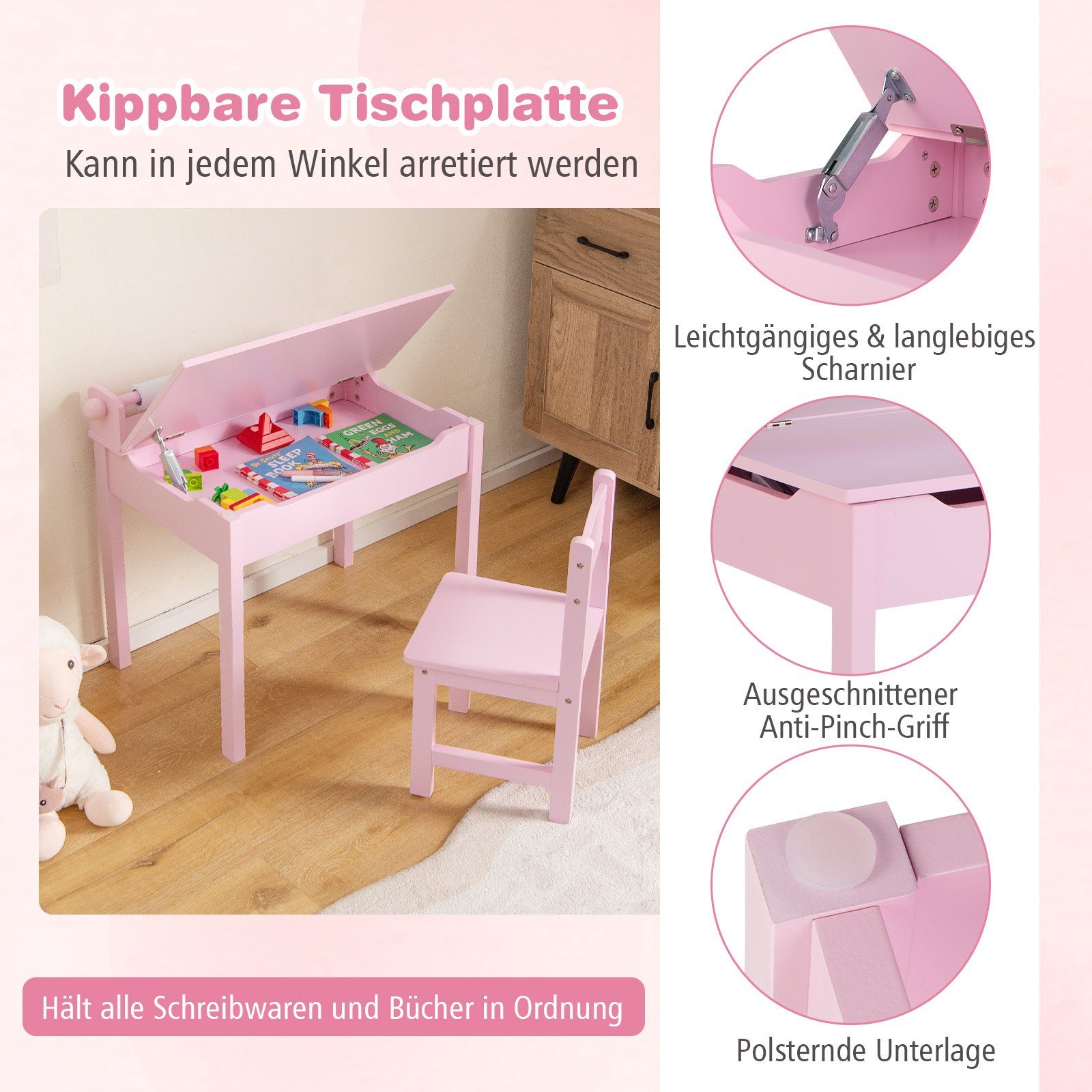 Stuhl Papierrollenhalter Kinderschreibtisch, COSTWAY & mit rosa