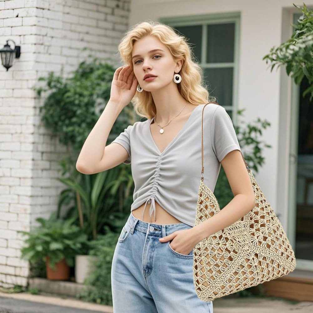 Zaewry Strandtasche Damen, Sommer Handtasche, Strohtaschen, Stilvoll Korbtaschen, Basttaschen, Boho Shopper Tasche, Schultertasche Umhängetasche