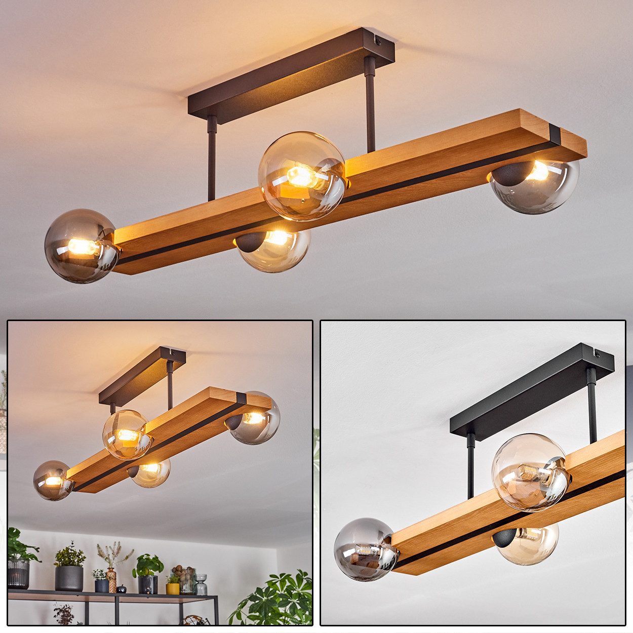 hofstein Deckenleuchte Deckenlampe aus Metall/Holz/Glas in Schwarz/Natur/Ra günstig online kaufen