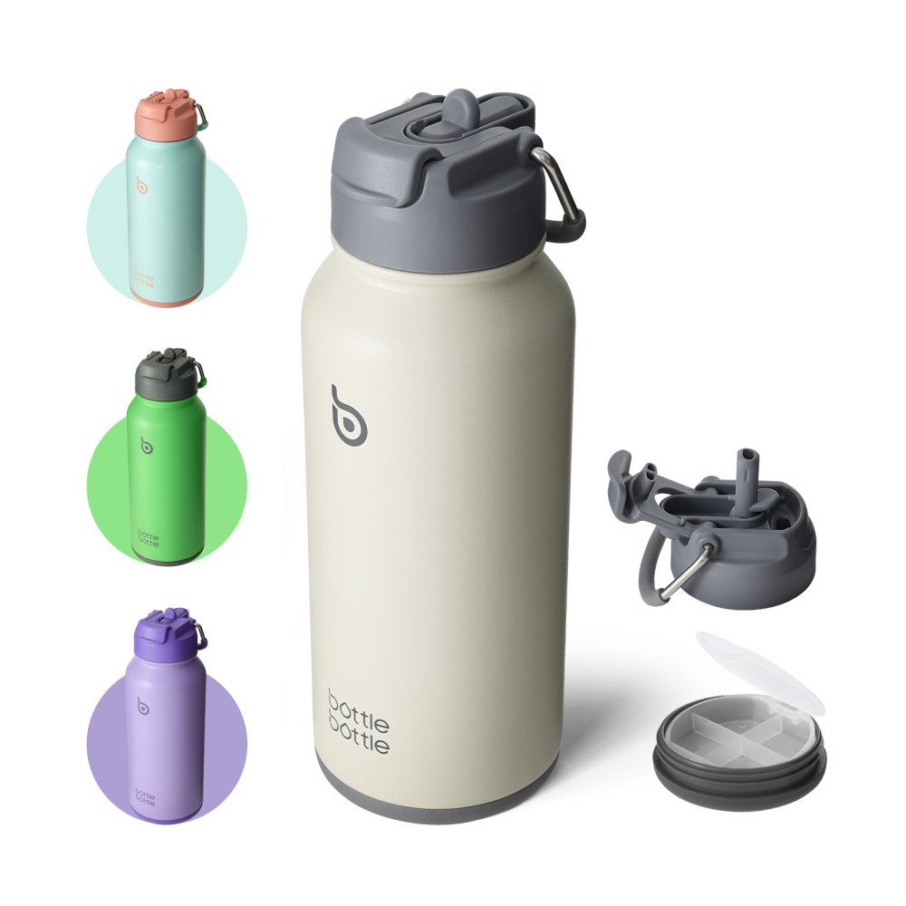 BOTTLE BOTTLE Trinkflasche Edelstahl Trinkflasche mit Strohhalm, auslaufsichere Isolierflasche, für Sport & Fitnessstudio, mit Pillenfach, doppelwandig