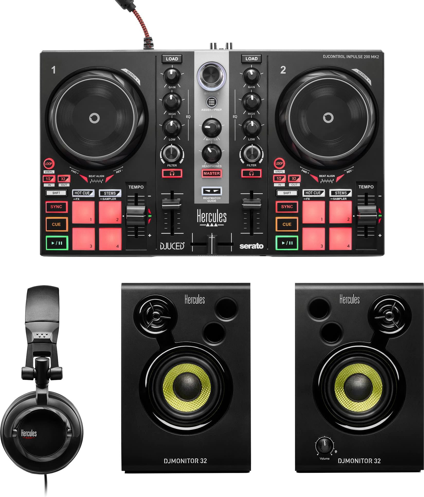 HERCULES DJ Controller Learning Kit MK2, inkl. DJ-Controller, Monitore, Kopfhörer & USB- und Audiokabel