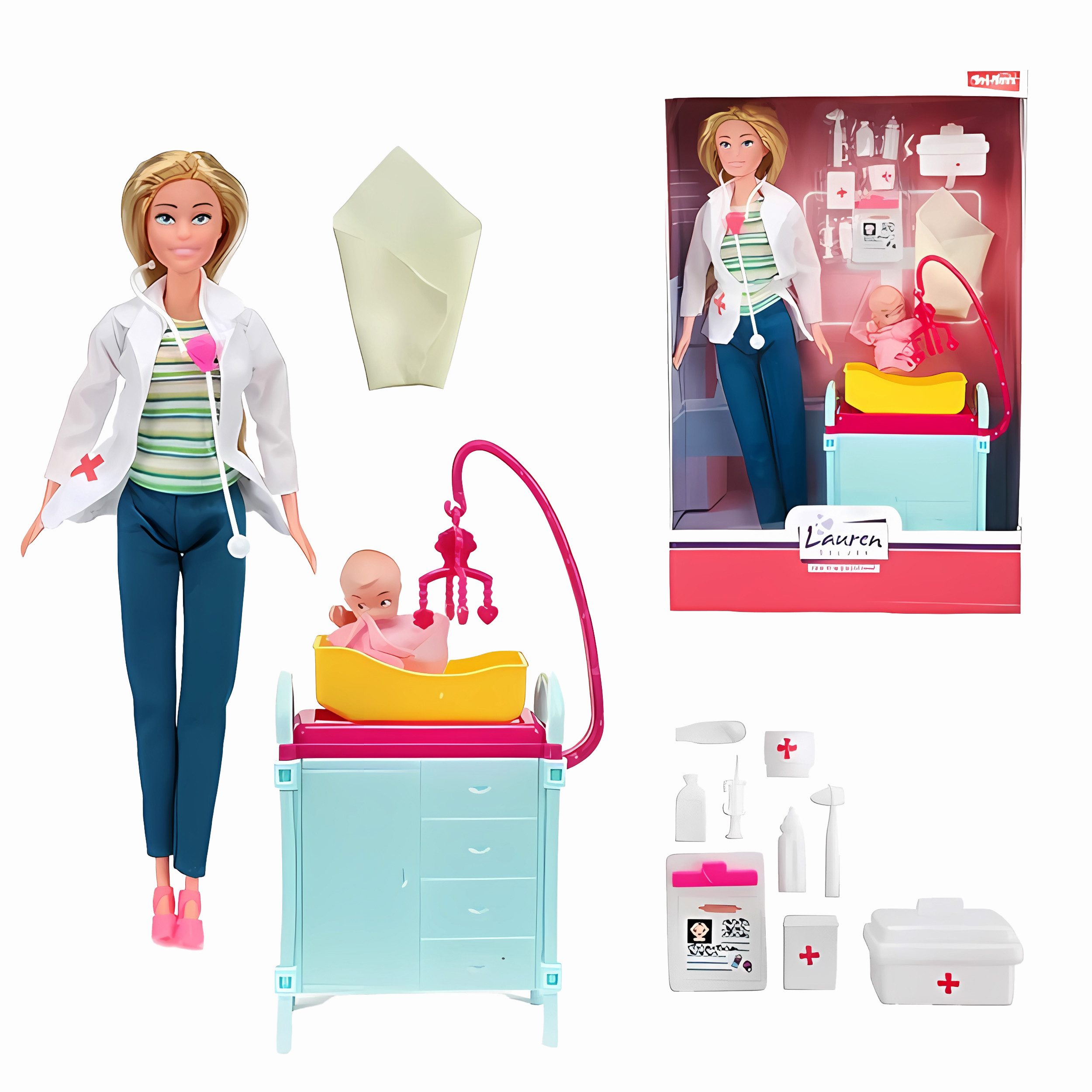 Anziehpuppe Lauren Teenager-Puppe Arzt mit Zubehör und Baby Puppenset 55