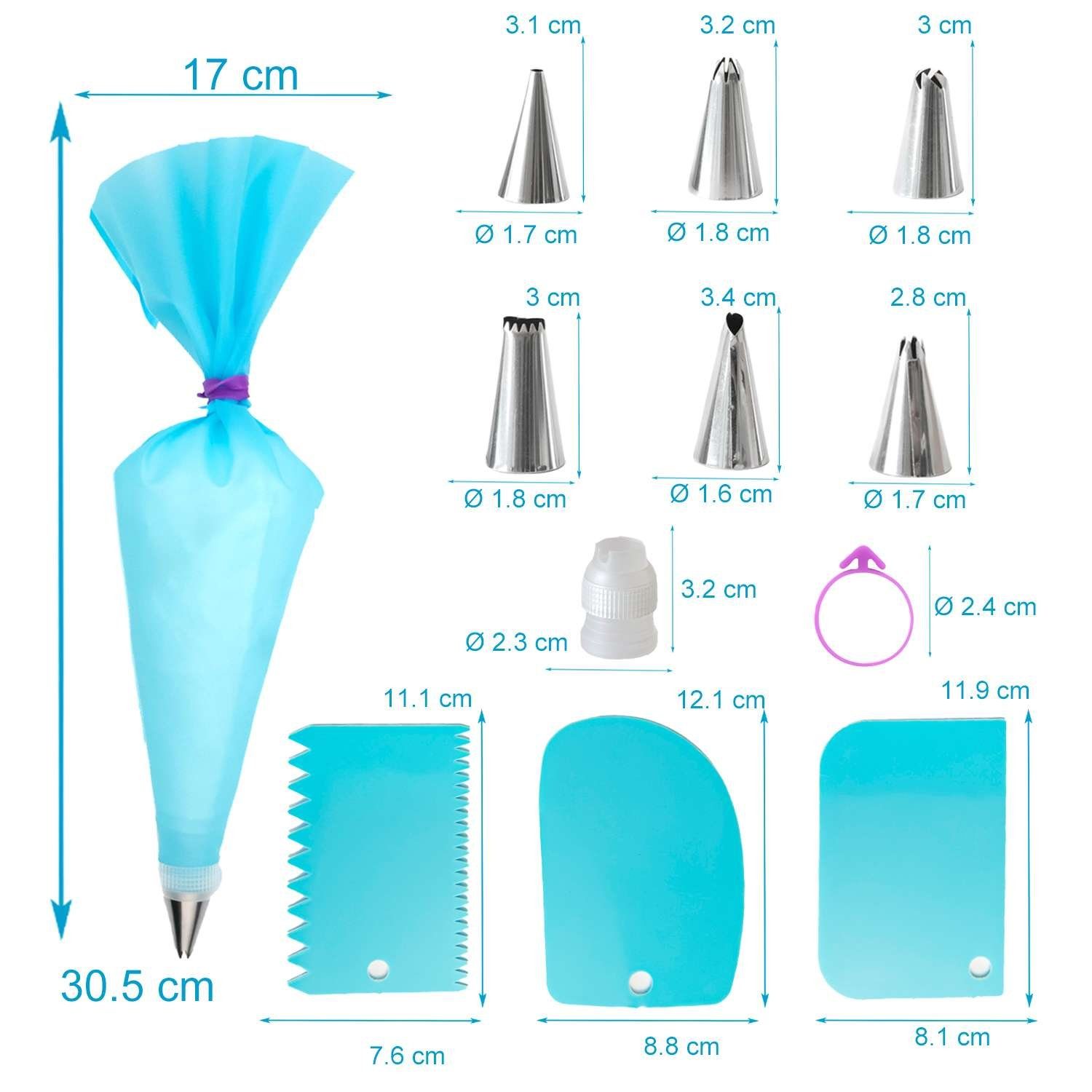 Intirilife Spritzbeutel (Set, 15-tlg., 2 Spritzbeutel, 2 Verschlüsse, 6 Tüllen, 2 Adapter, 3 Schaber) Spritzbeutel 17 x 30.5 cm Backzubehör