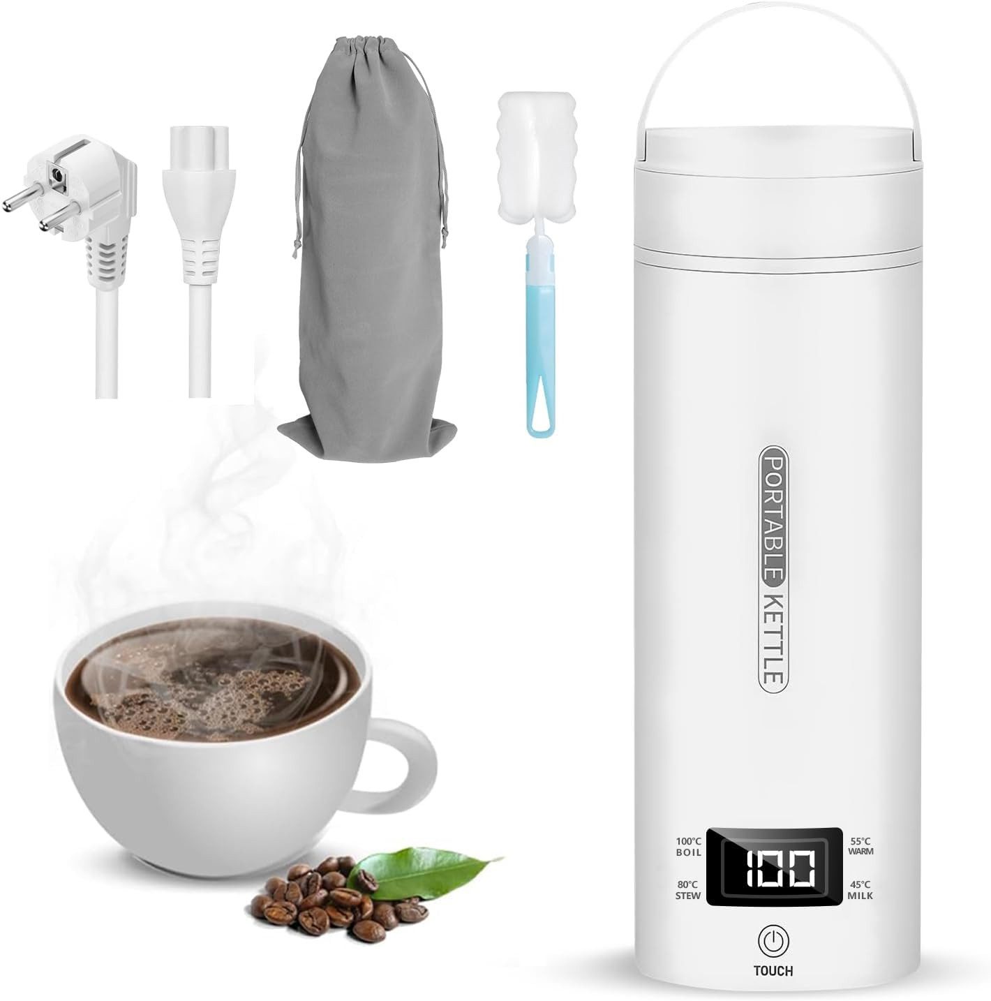 Forrlite Wasserkocher Tragbarer Wasserkocher,Reise-Wasserkocher,Thermobecher,Edelstahl, 300 W, 220V Schnellkoch-Teekanne-Heizbecher,LCD-Temperaturanzeige,500ml