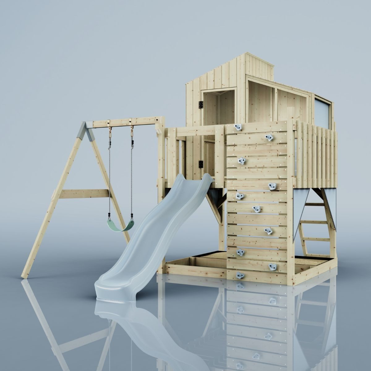 OutdoorToys Spielturm Lotta, aus Holz in Eisblau mit Kinderschaukel & Rutsche, Kletterwand