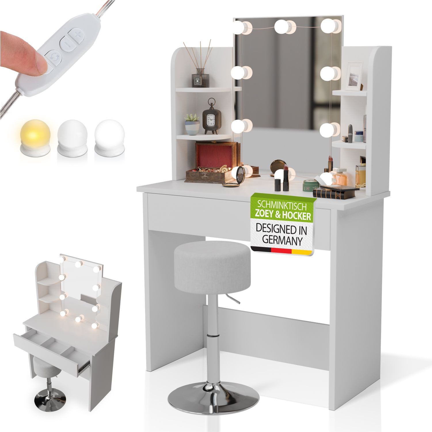 Juskys Schminktisch Zoey, LED-Beleuchtung, inklusive Hocker, viel Stauraum, günstig online kaufen