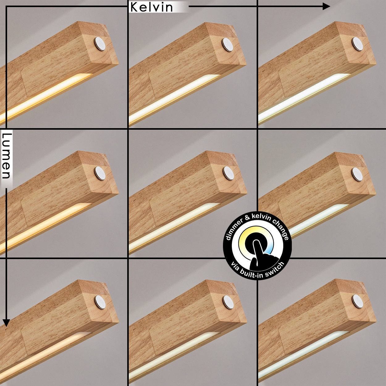 hofstein Pendelleuchte dimmbare Hängelampe aus Metall/Holz/Kunststoff in Schwarz/Naturfarben, LED wechselbar, 3000-6000 Kelvin, skandinavisches Design, Touchdimmer, LED 24 Watt, 2550 Lumen