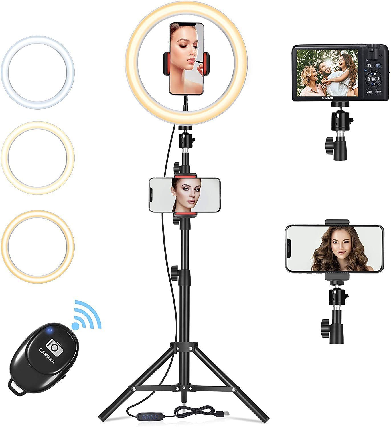 AIMAX Ringlicht 10 Zoll LED Ringlicht mit Stativ, Dimmbar 3 Lichtmodi 11 Helligkeiten, Handy & Tablet-Halter, Bluetooth Fernauslöser, Streaming und Make-up